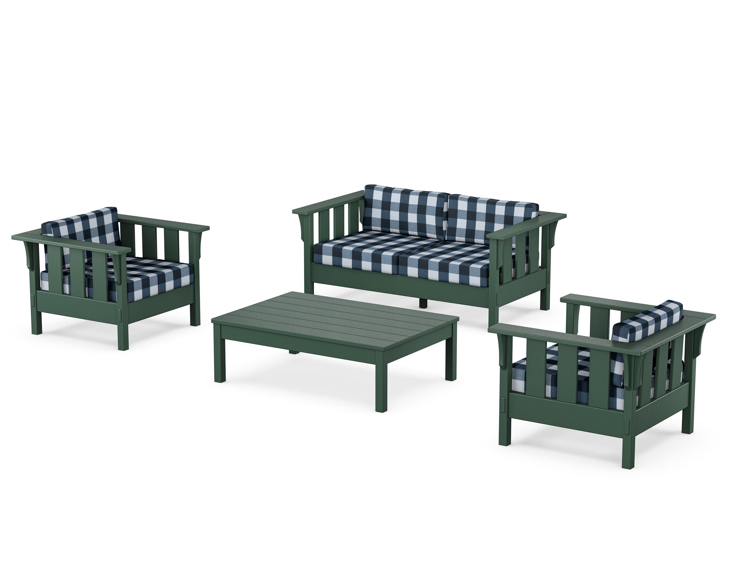 Martha Stewart by POLYWOOD® Acadia 4-Piece Deep Seating Set with Loveseat in Green / Buffalo Plaid Marine Indigo