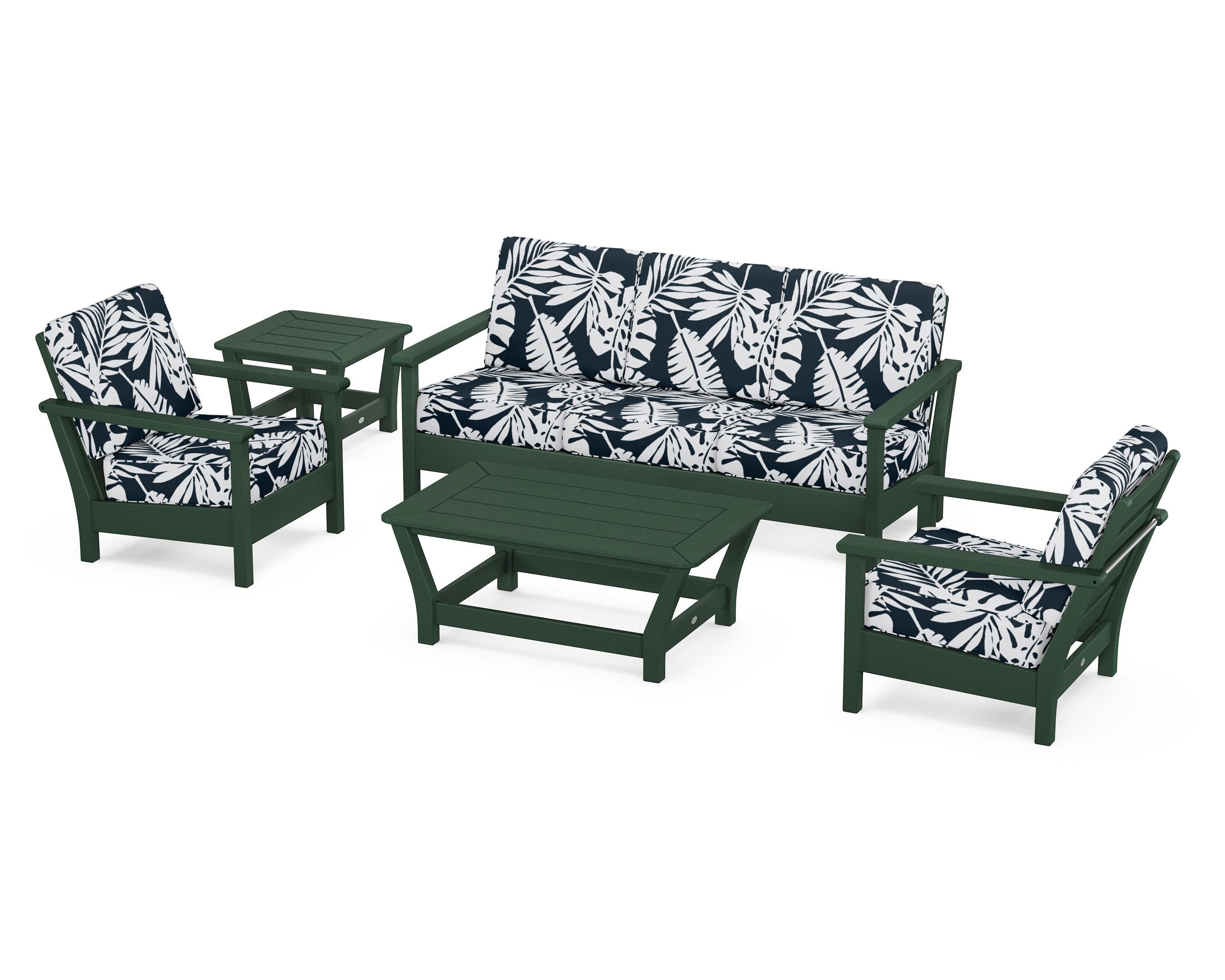 POLYWOOD® Harbour 5-Piece Deep Seating Set in Green / Leaf Marine Indigo