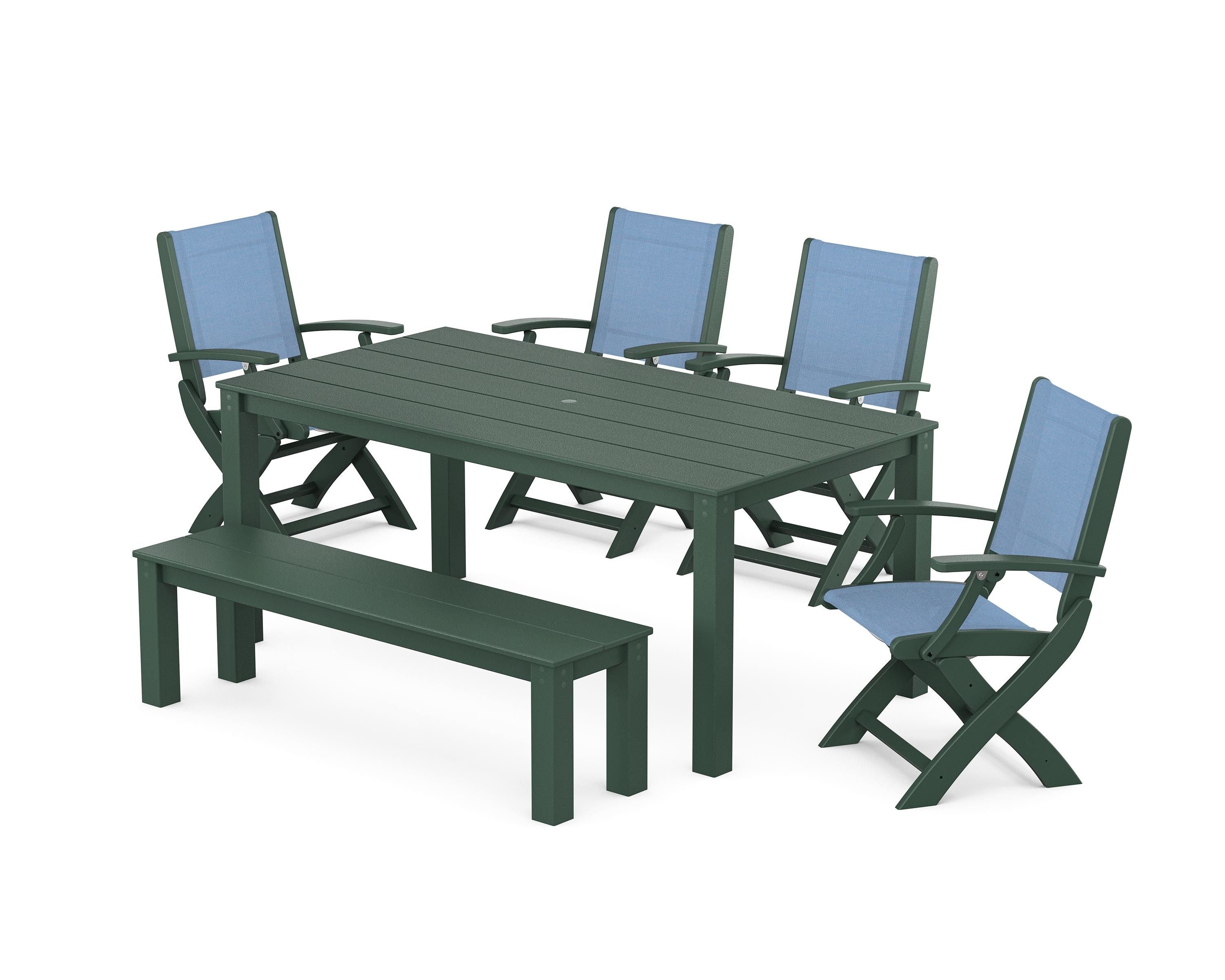 POLYWOOD® Coastal Folding Chair 6-Piece Parsons Dining Set with Bench in Green / Poolside Sling