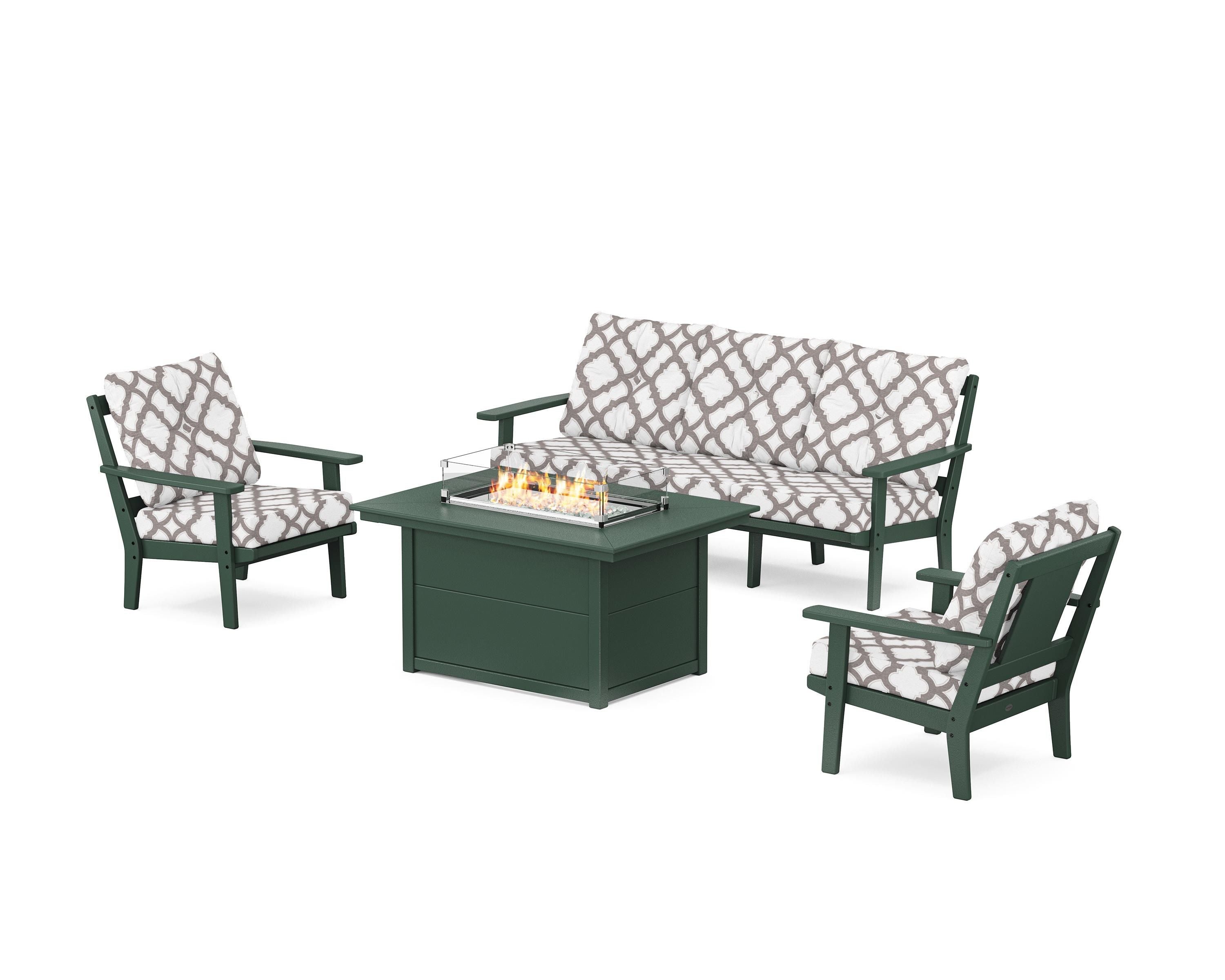 POLYWOOD® Prairie Deep Seating Fire Pit Table Set in Green / Trellis Grey Mist
