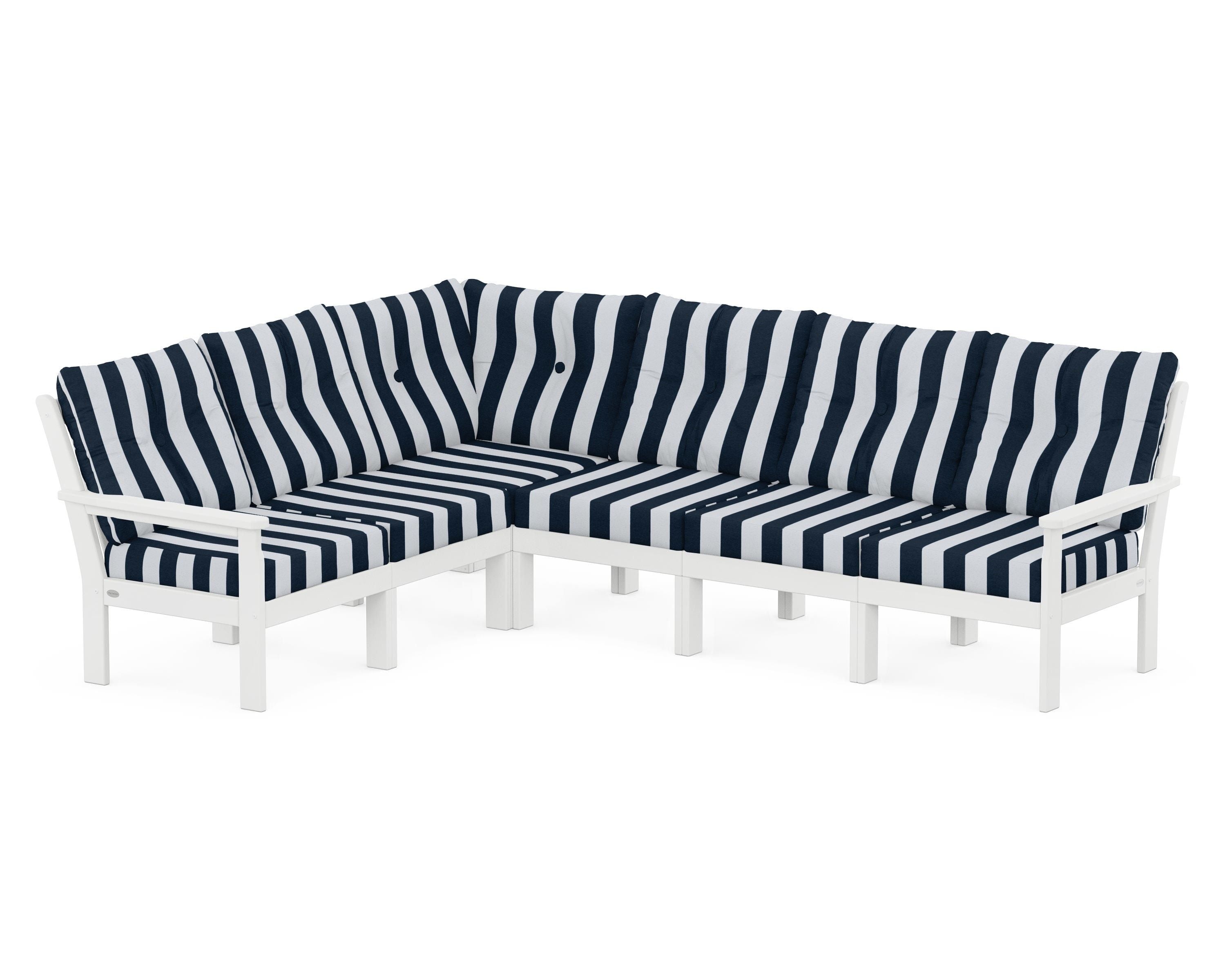 POLYWOOD® Vineyard 6-Piece Sectional in White / Cabana Stripe Marine Indigo
