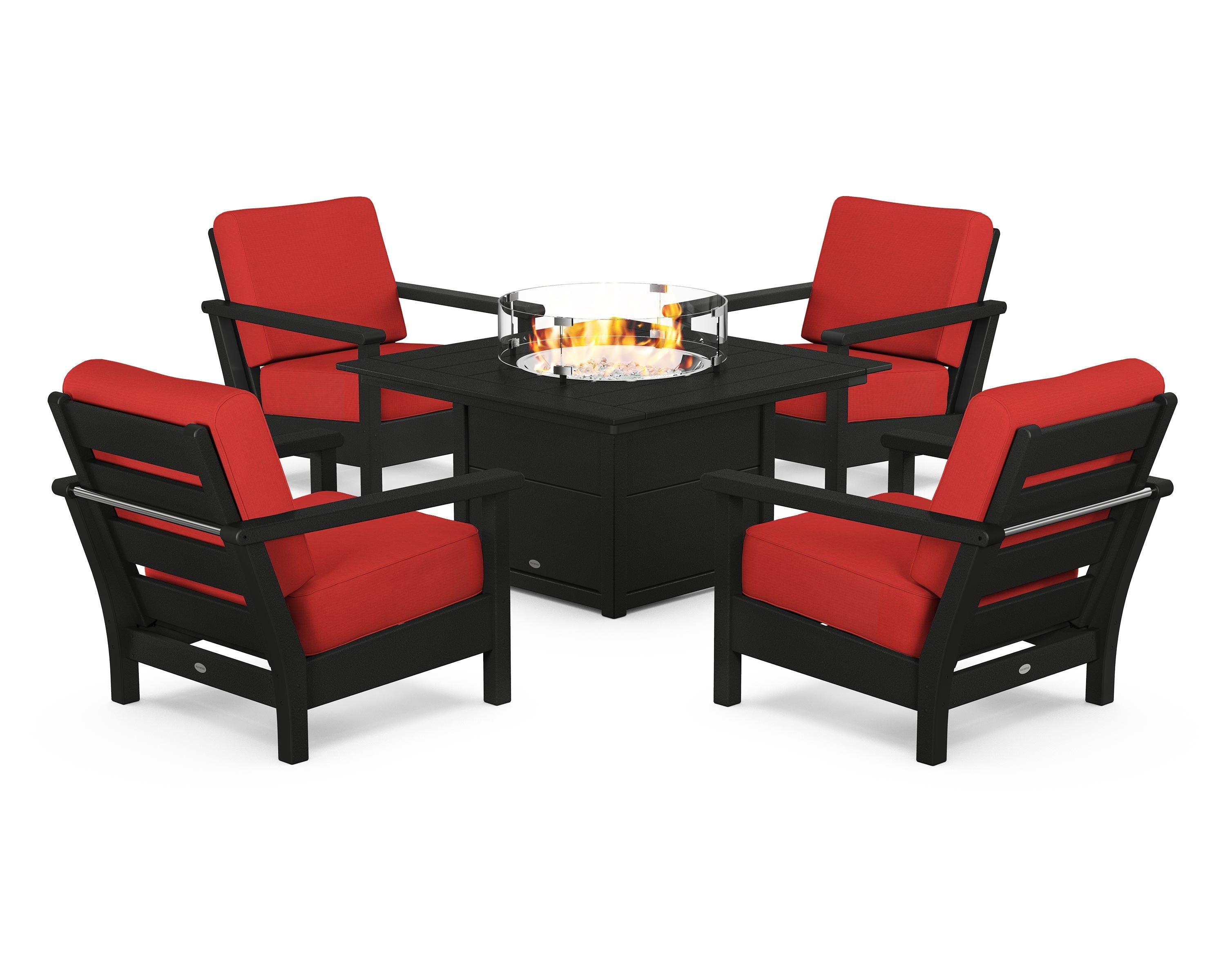 POLYWOOD® Harbour 5-Piece Conversation Set with Fire Pit Table in Black / Crimson Linen