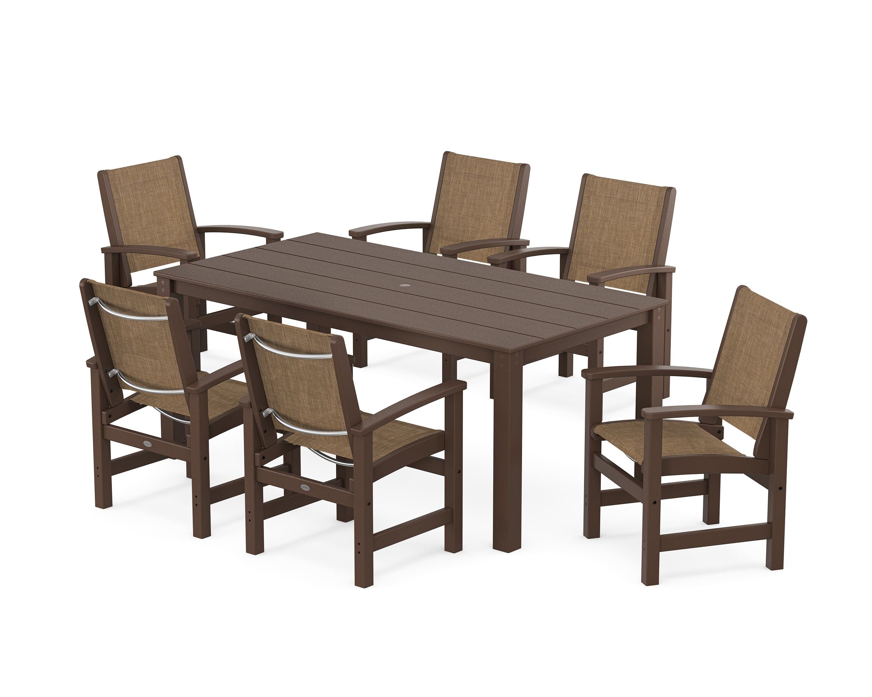 POLYWOOD® Coastal 7-Piece Parsons Dining Set in Mahogany / Burlap Sling