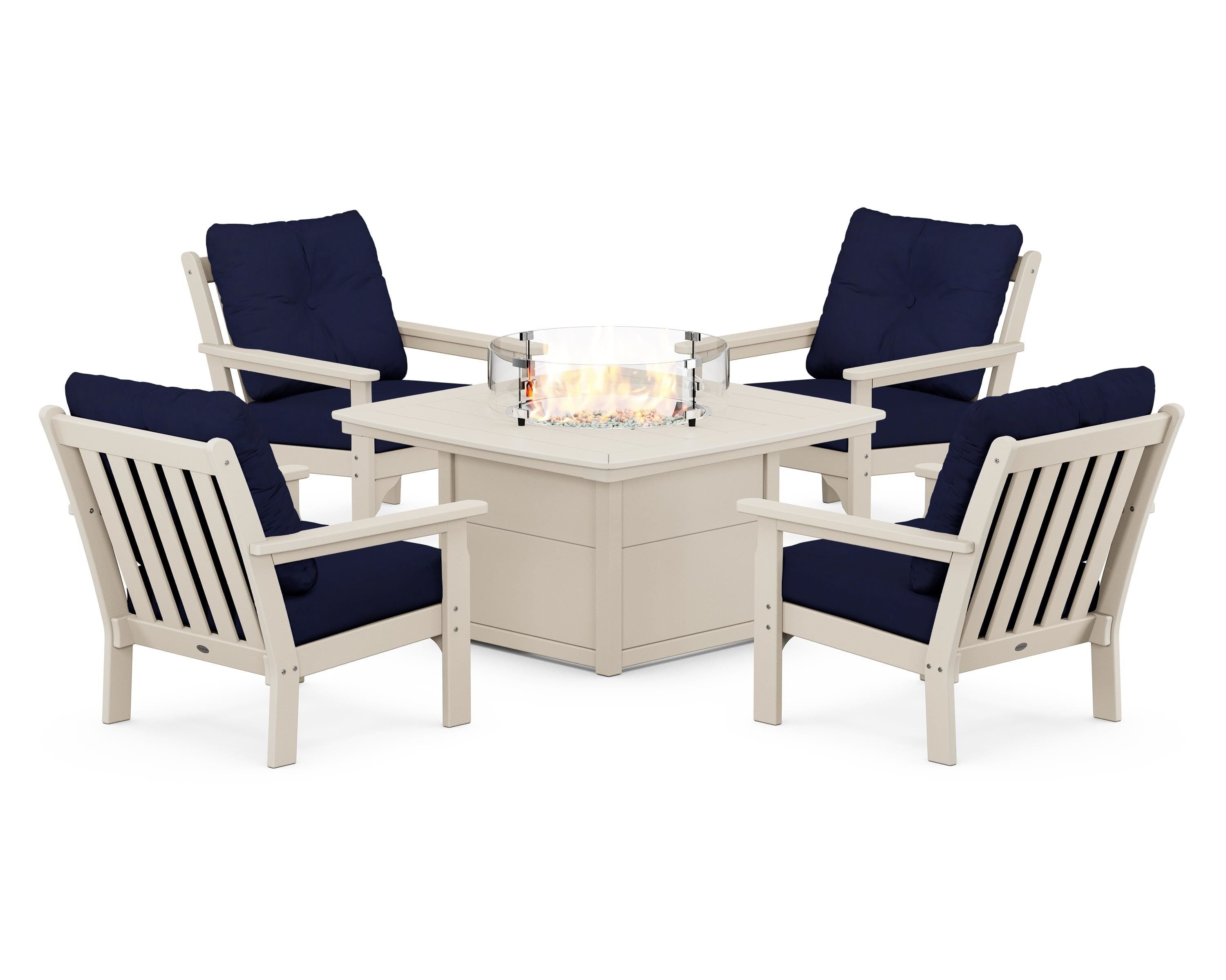 POLYWOOD® Vineyard 5-Piece Conversation Set with Fire Pit Table in Sand / Navy