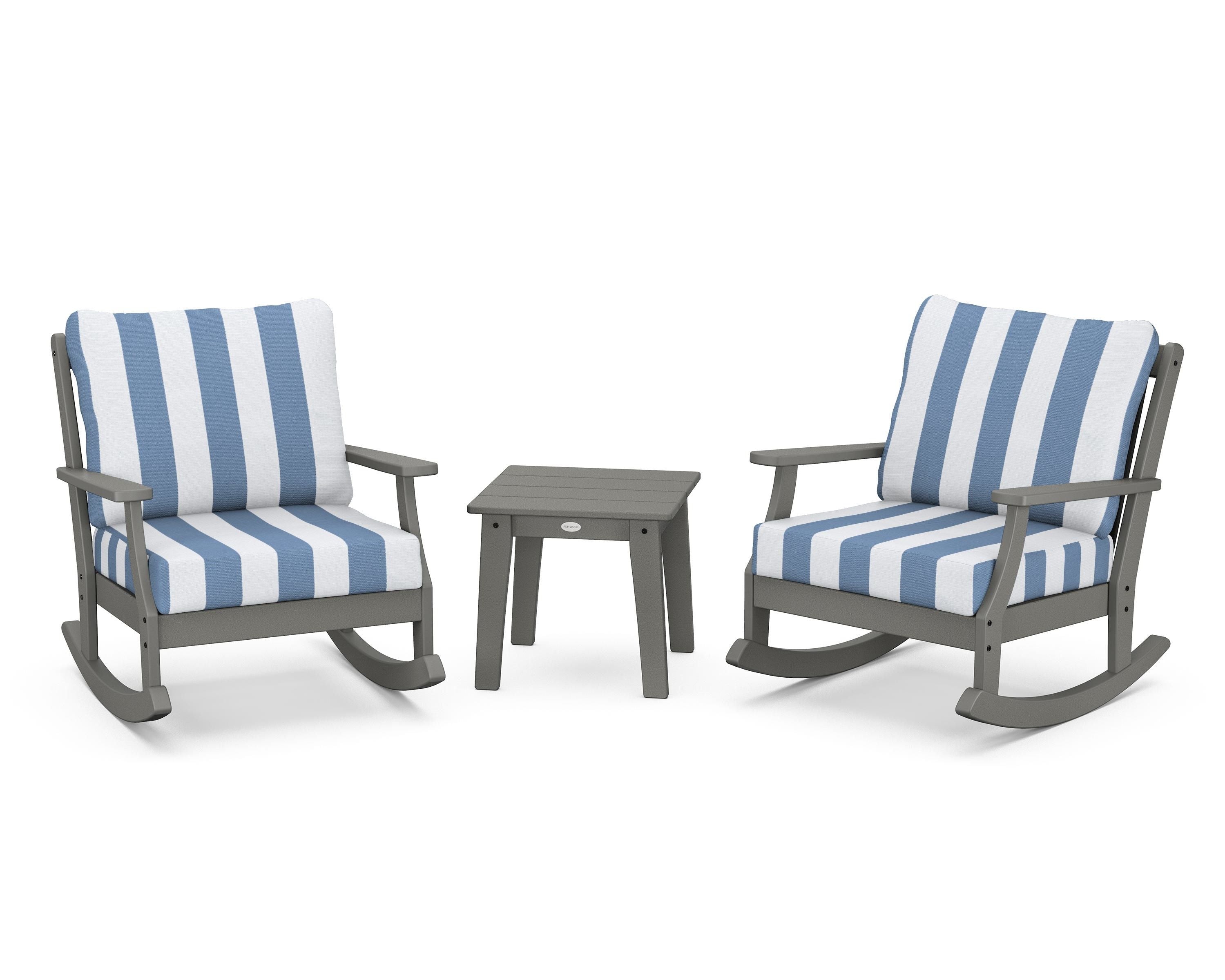 POLYWOOD® Braxton 3-Piece Deep Seating Rocker Set in Slate Grey / Cabana Stripe Sky Blue