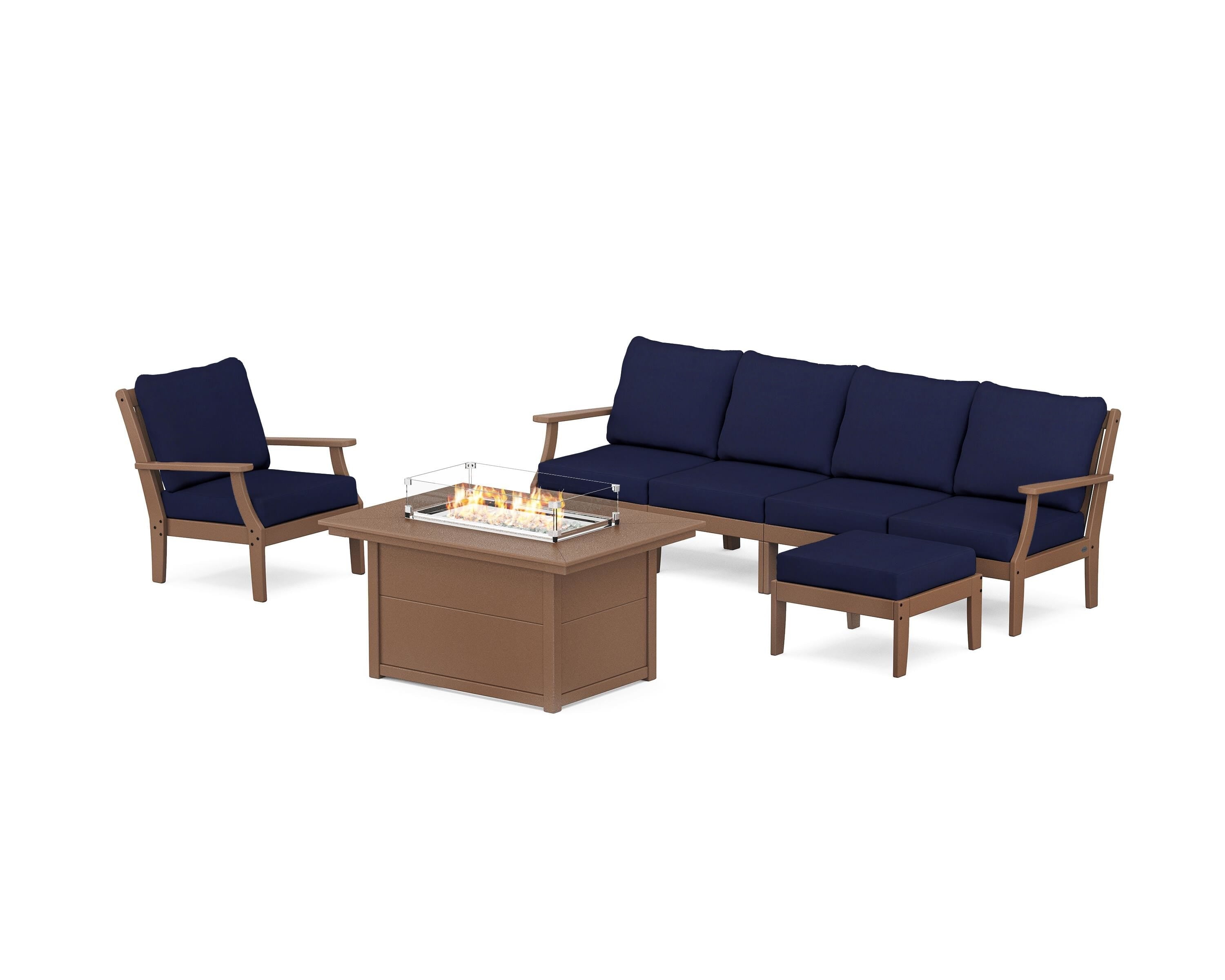 POLYWOOD® Braxton Sectional Lounge and Fire Pit Set in Teak / Navy