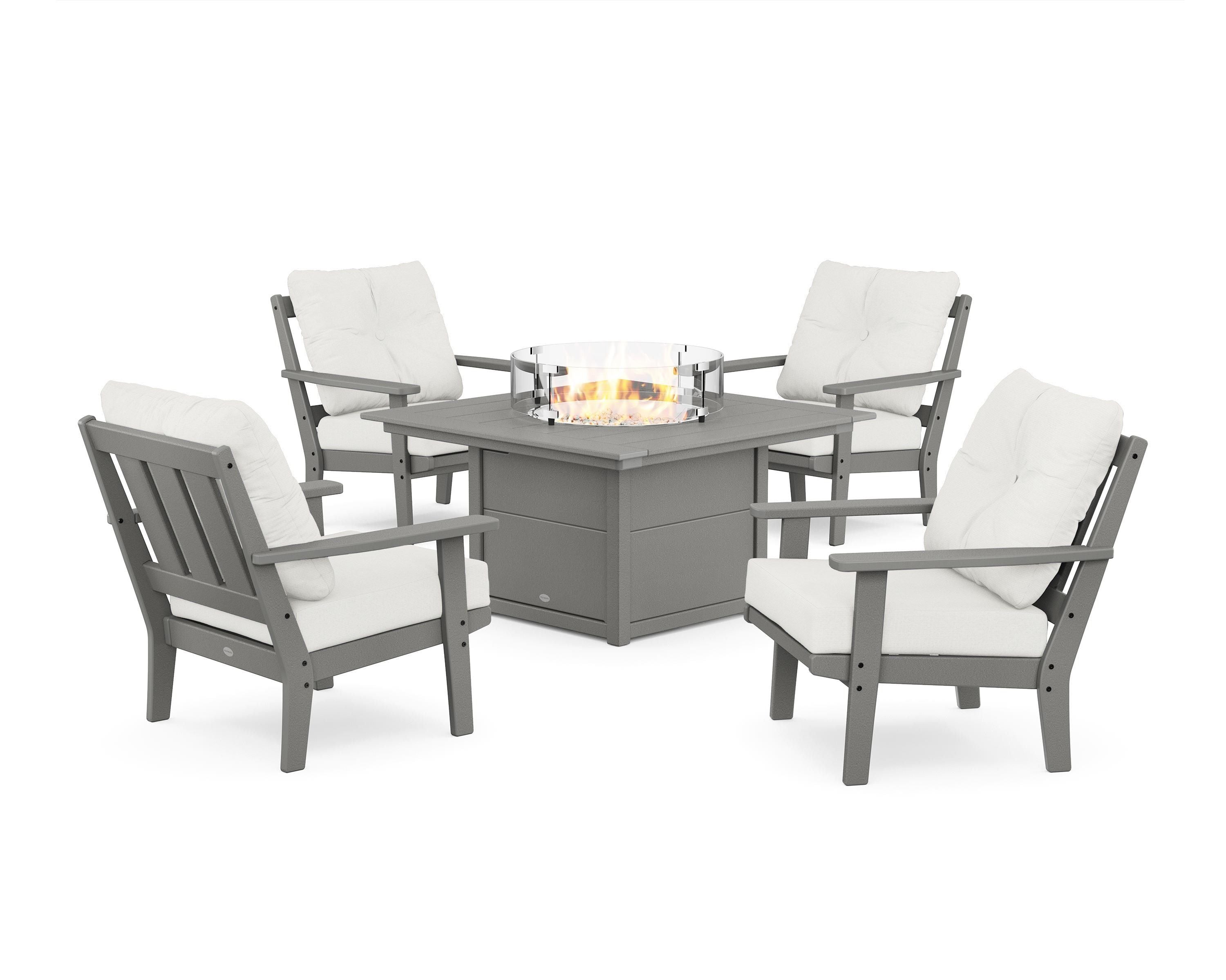 POLYWOOD® Oxford 5-Piece Deep Seating Set with Fire Pit Table in Slate Grey / Natural Linen