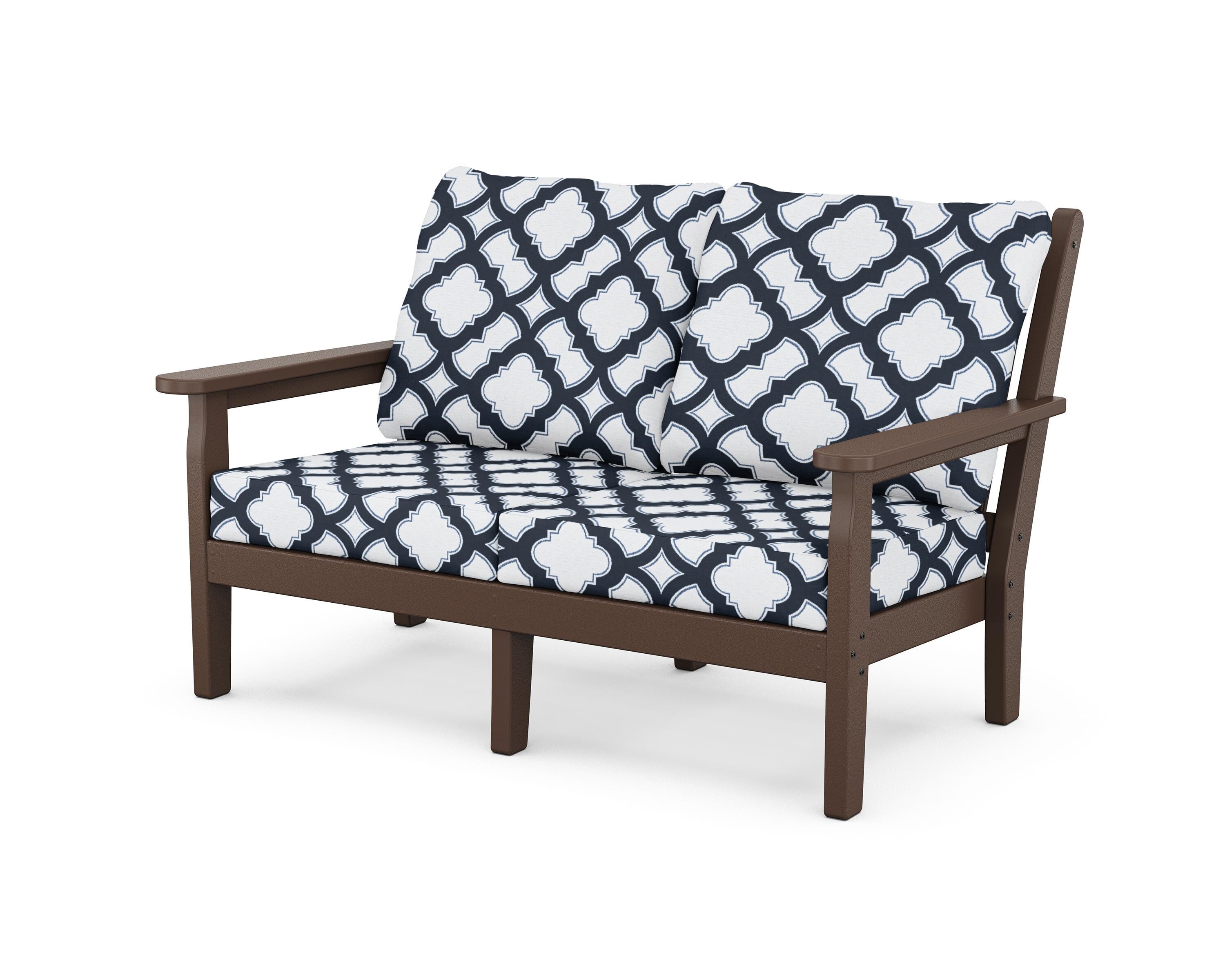 POLYWOOD® Chippendale Deep Seating Loveseat in Mahogany / Trellis Marine Indigo