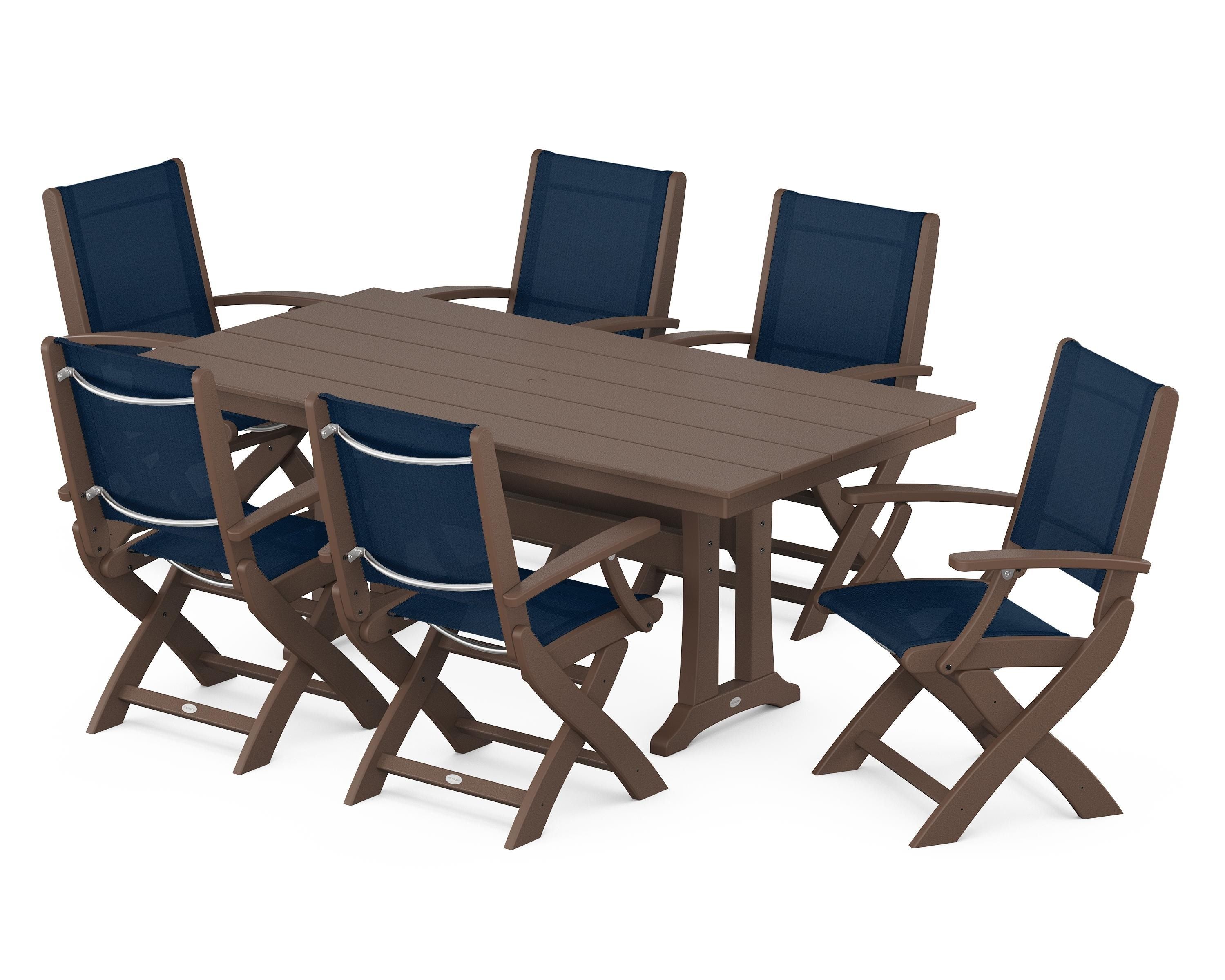 POLYWOOD® Coastal Folding Arm Chair 7-Piece Farmhouse Dining Set with Trestle Legs in Mahogany / Navy Blue Sling