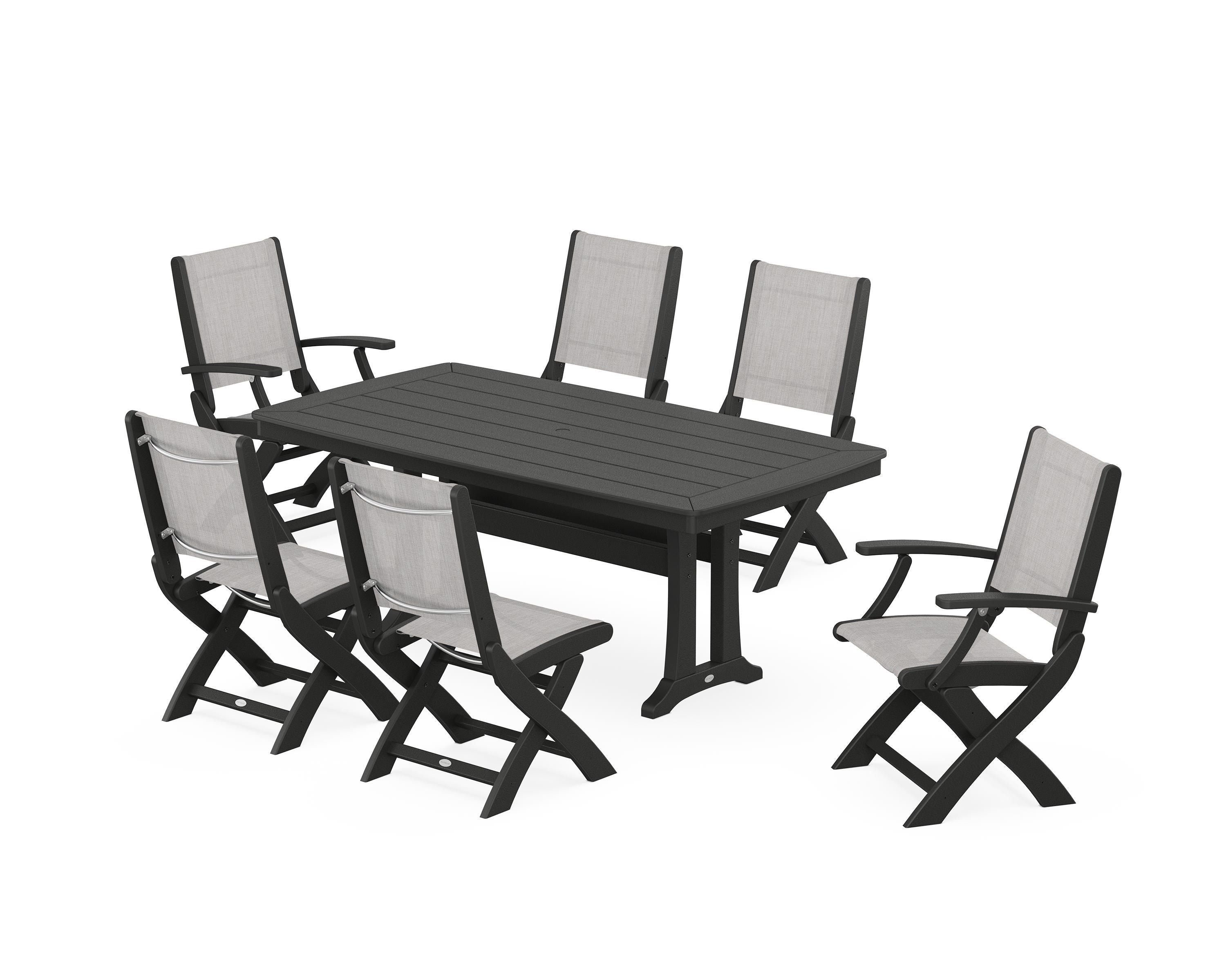 POLYWOOD® Coastal Folding Chair 7-Piece Dining Set with Trestle Legs in Black / Parchment Sling