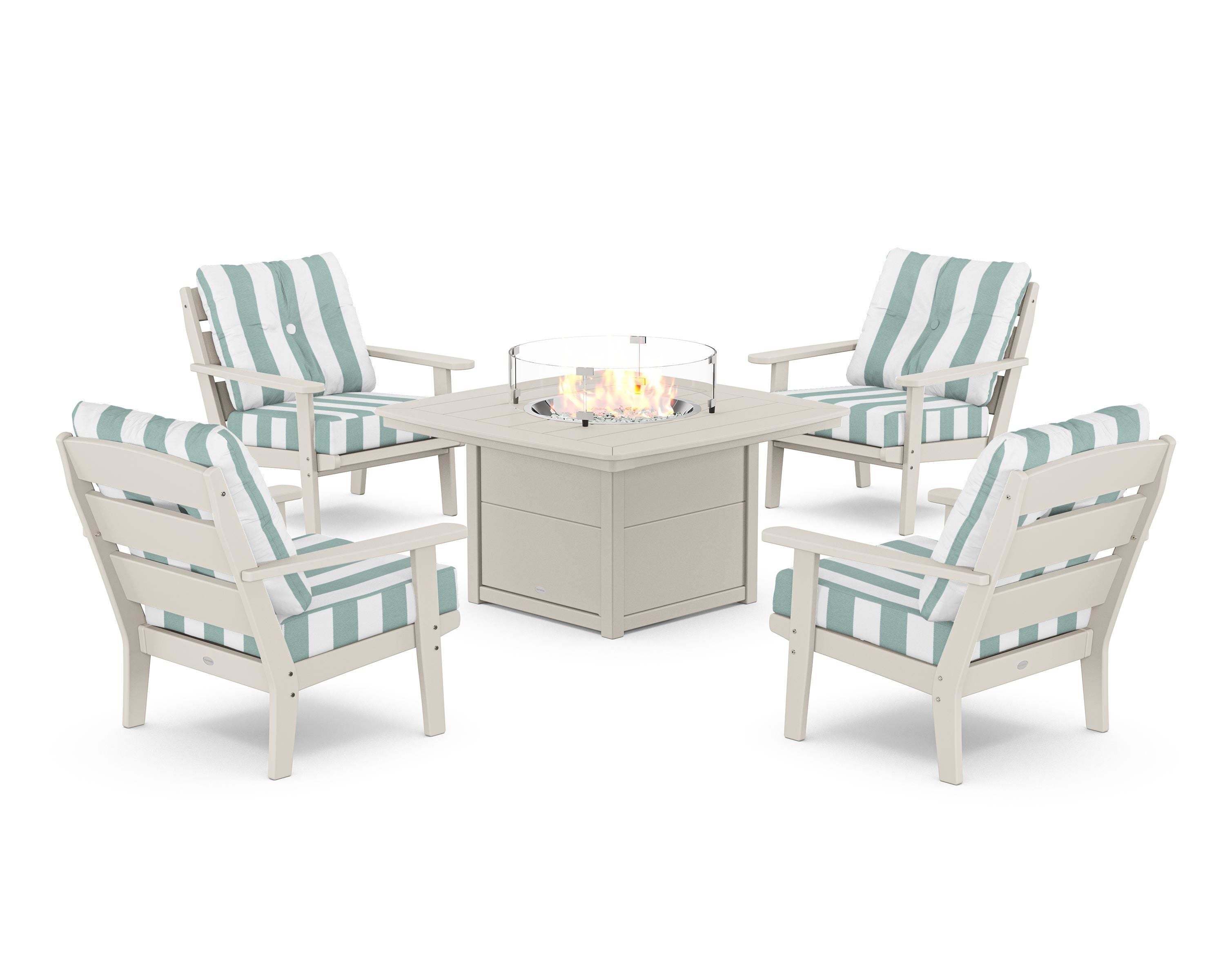 POLYWOOD® Lakeside 5-Piece Deep Seating Set with Nautical Fire Pit Table in Sand / Cabana Stripe Glacier Spa