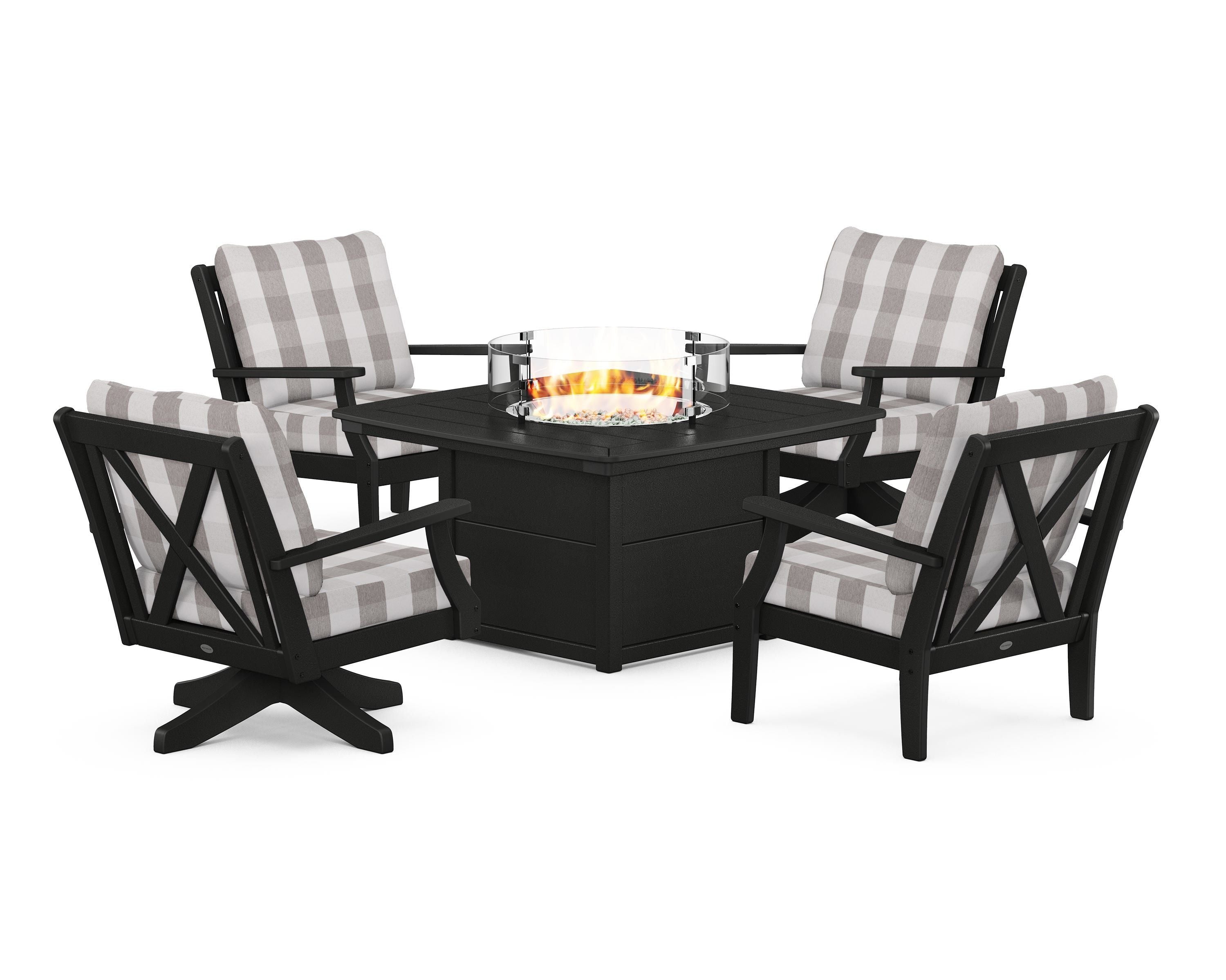 POLYWOOD® Braxton 5-Piece Deep Seating Set with Fire Table in Black / Buffalo Plaid Grey Mist