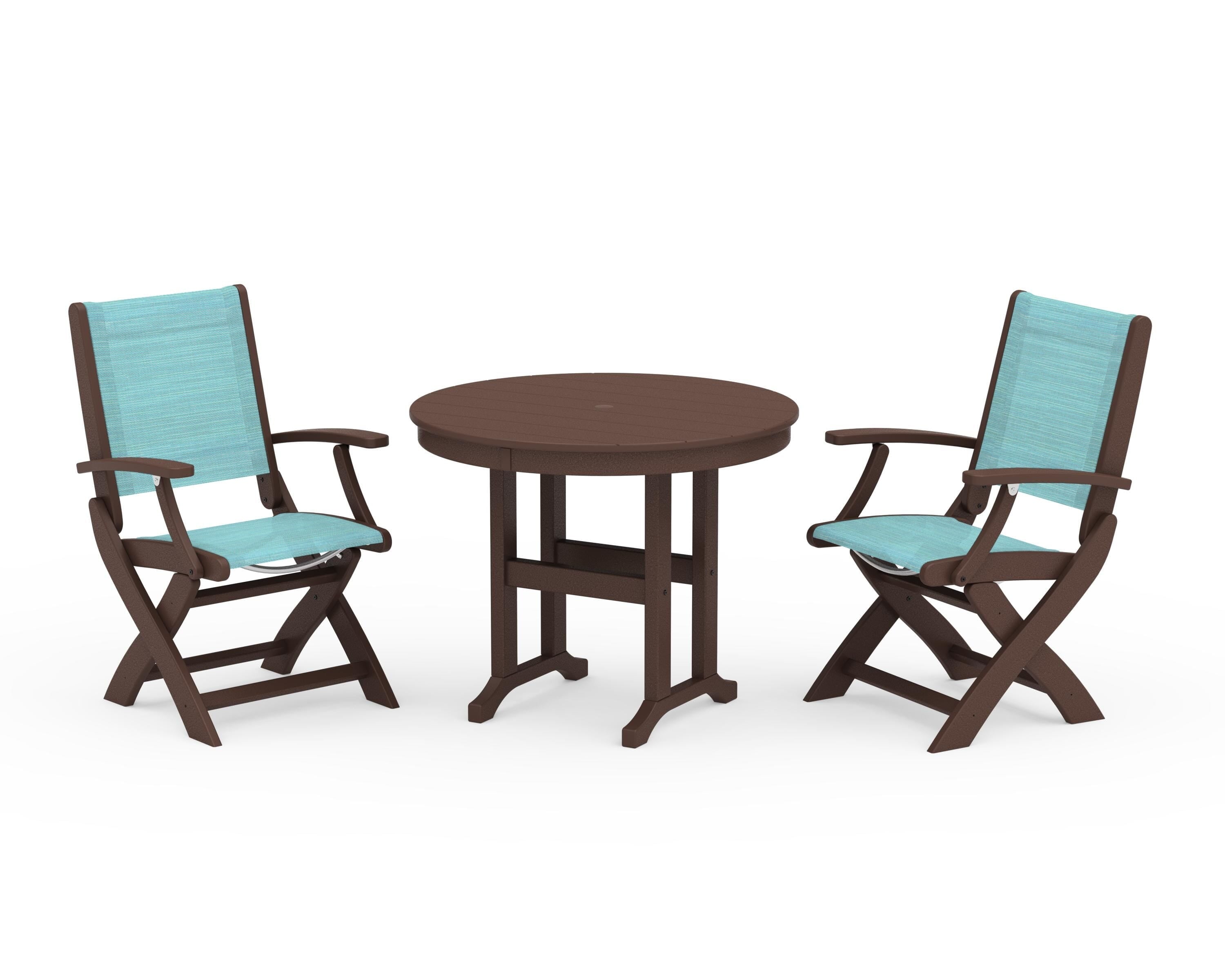 POLYWOOD® Coastal Folding Chair 3-Piece Round Dining Set in Mahogany / Dupioni Aquamarine Sling