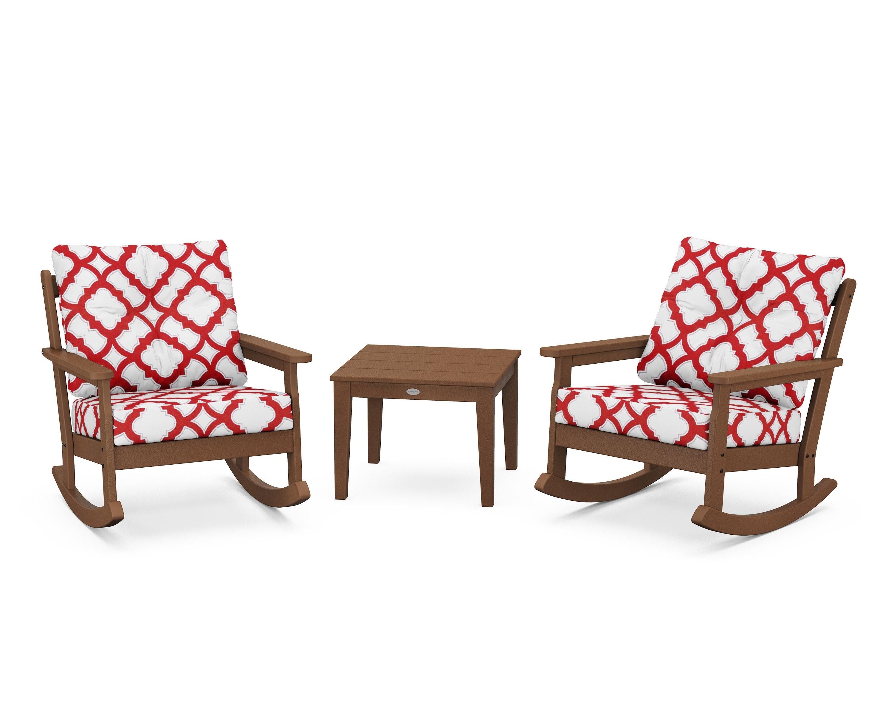 POLYWOOD® Vineyard 3-Piece Deep Seating Rocker Set in Teak / Trellis Crimson