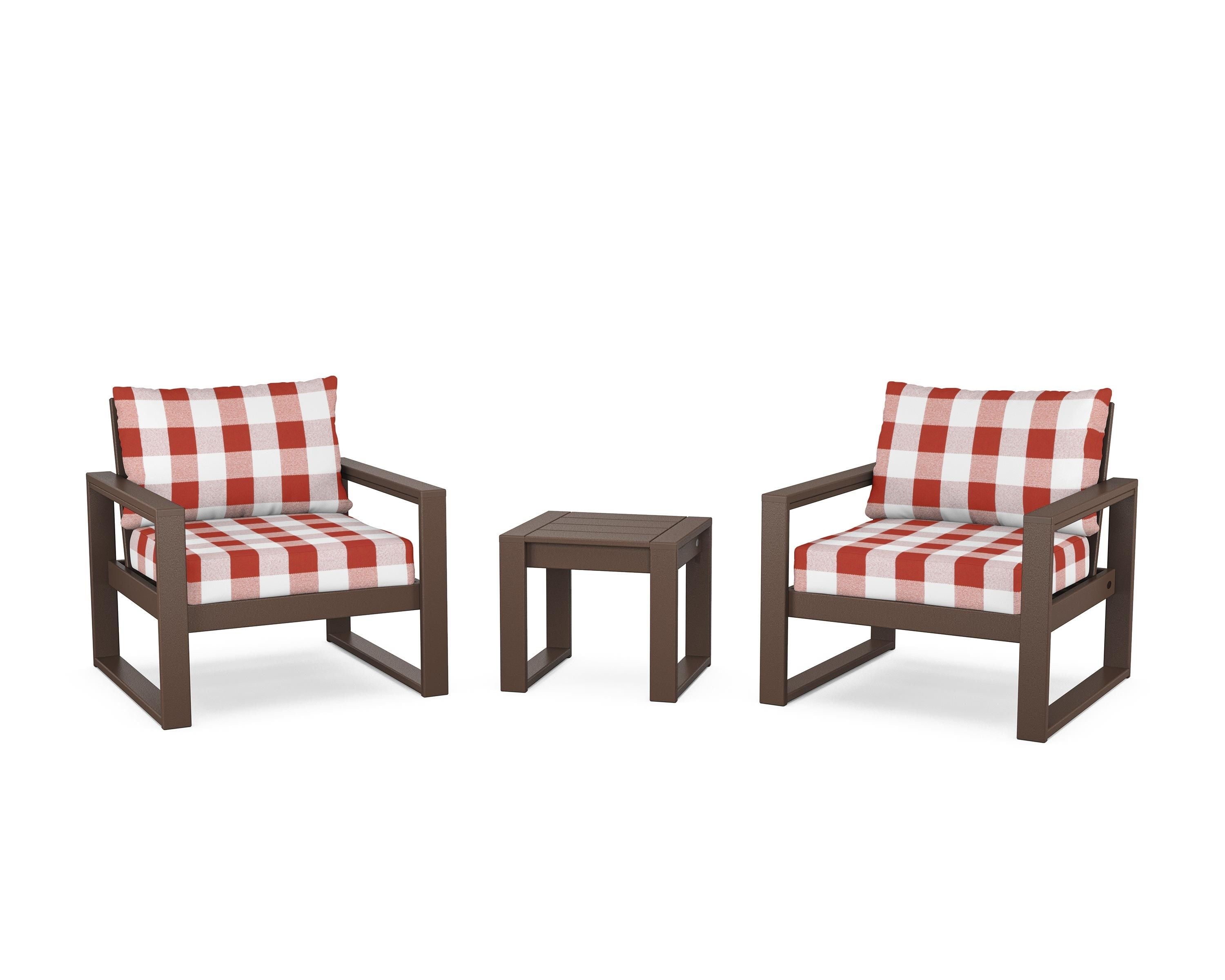 POLYWOOD® EDGE Sectional 3-Piece Deep Seating Set in Mahogany / Buffalo Plaid Crimson