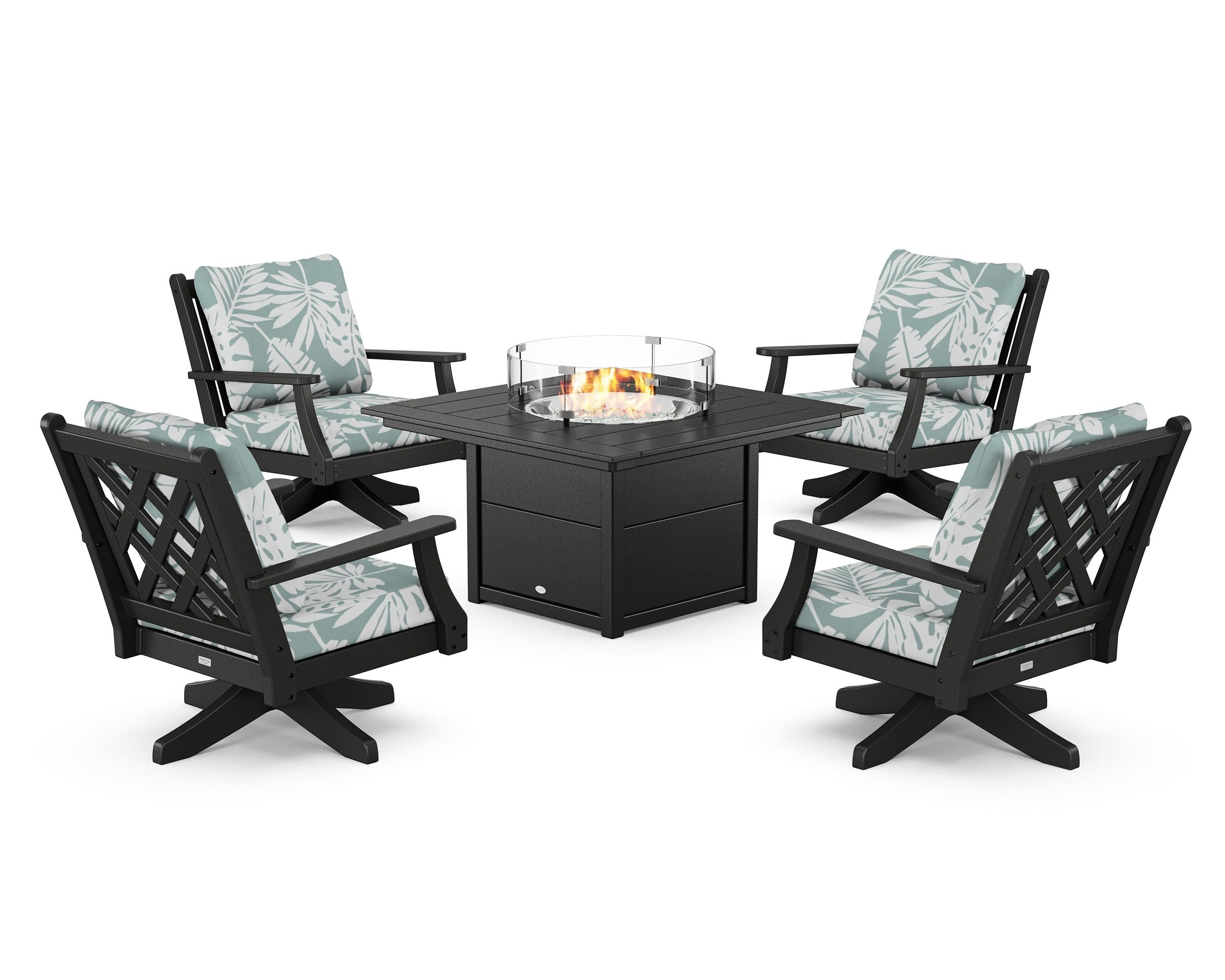 Country Living Wovendale 5-Piece Deep Seating Swivel Conversation Set with Fire Pit Table in Black / Leaf Glacier Spa