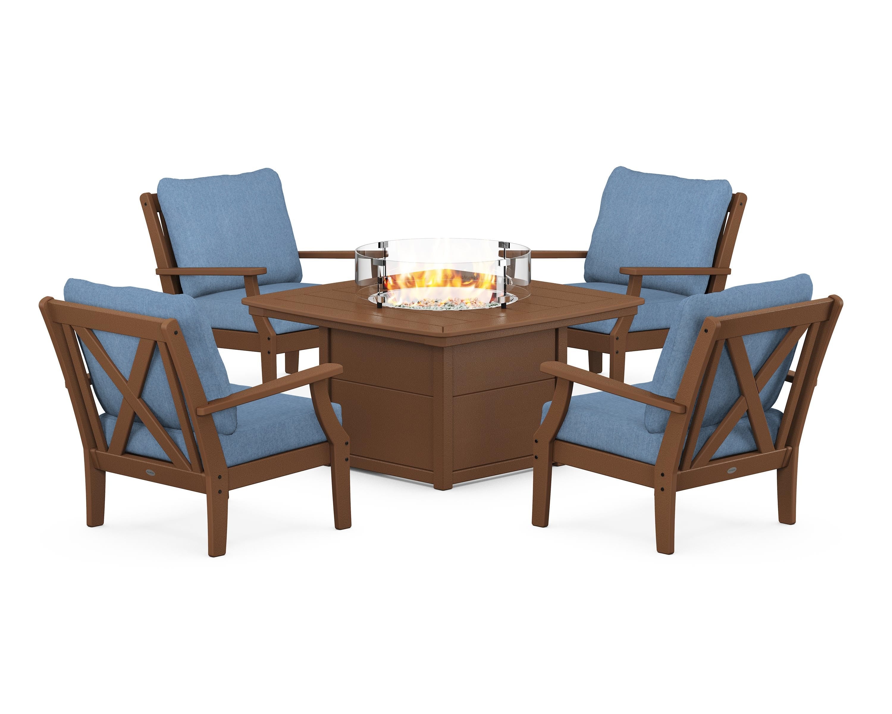 POLYWOOD® Braxton 5-Piece Deep Seating Conversation Set with Fire Pit Table in Teak / Sky Blue
