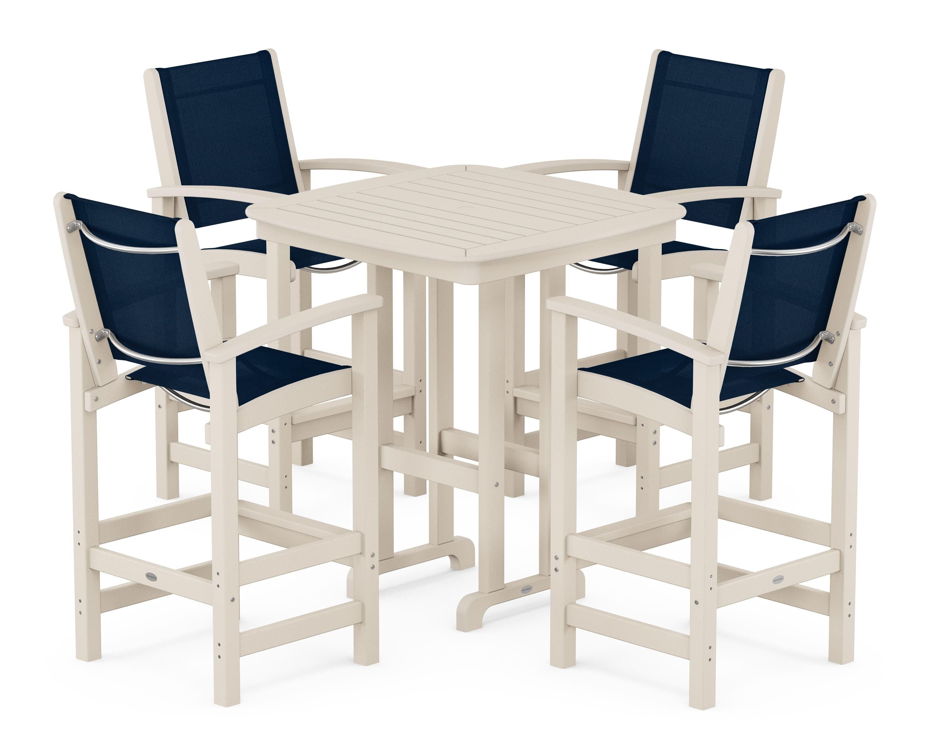 POLYWOOD® Coastal 5-Piece Bar Set in Sand / Navy Blue Sling