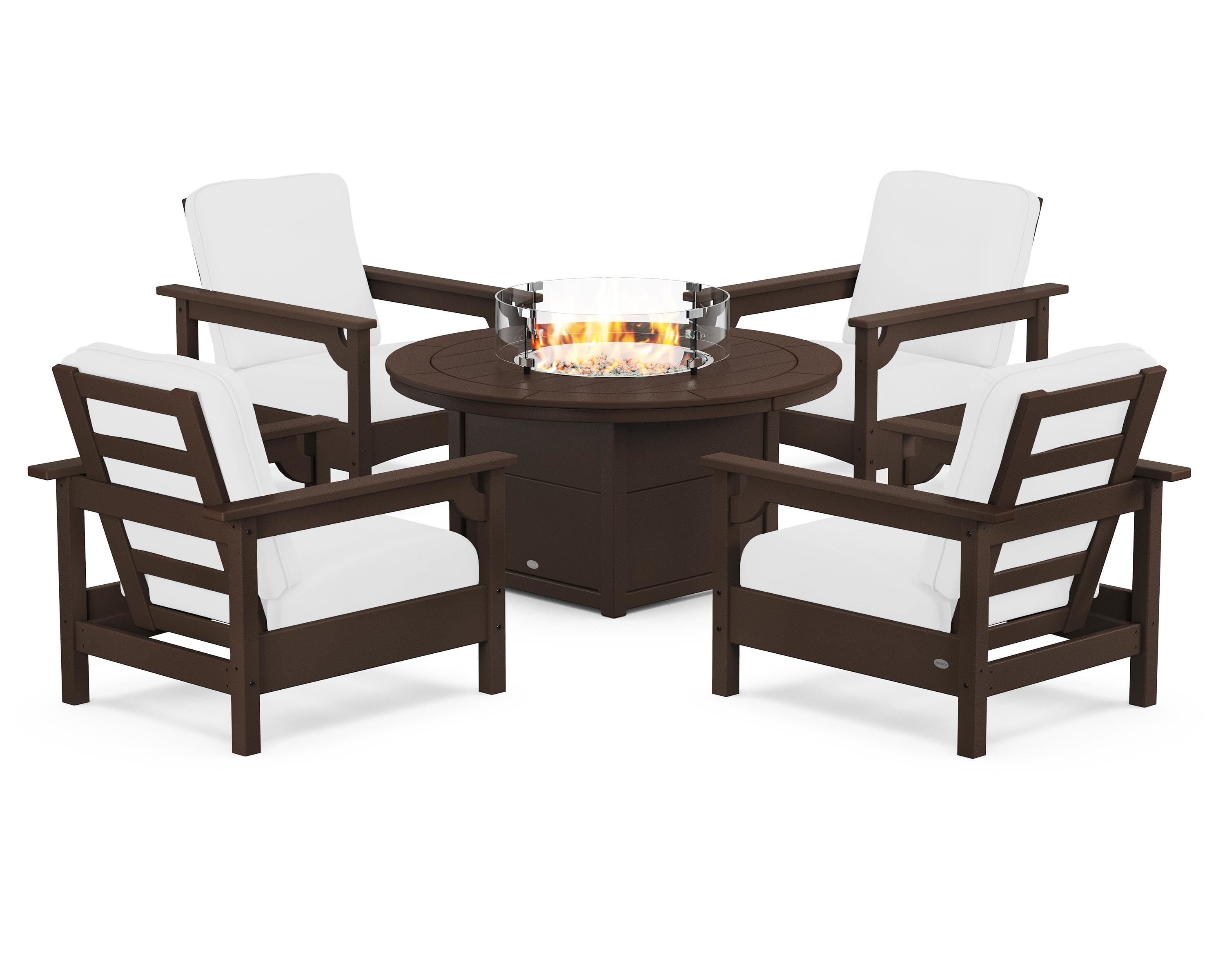 POLYWOOD® Club 5-Piece Conversation Set with Fire Pit Table in Mahogany / Natural