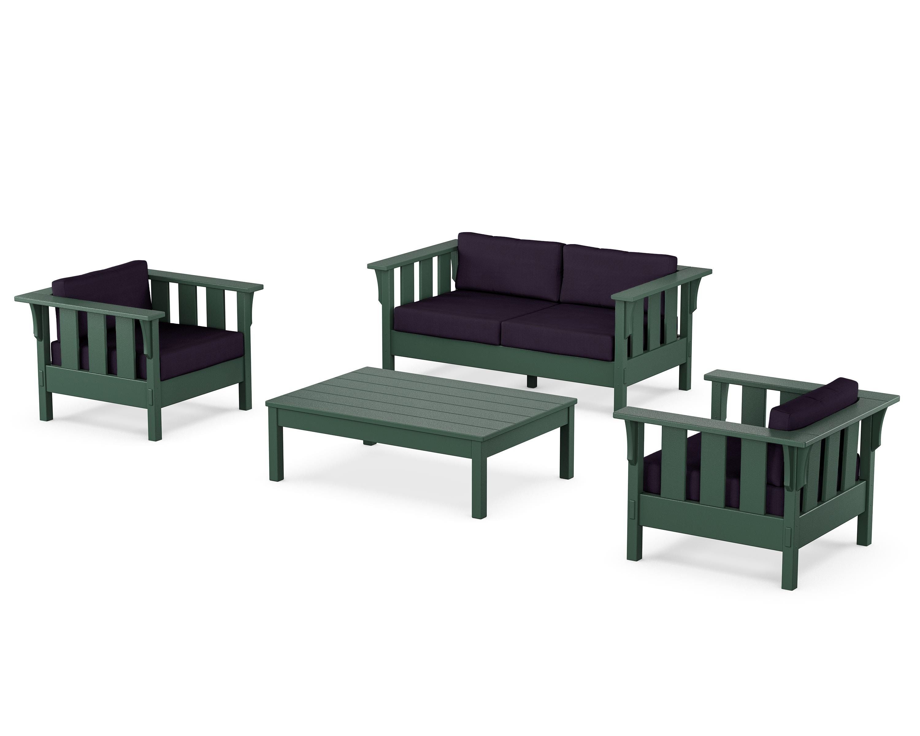 Martha Stewart by POLYWOOD® Acadia 4-Piece Deep Seating Set with Loveseat in Green / Navy Linen