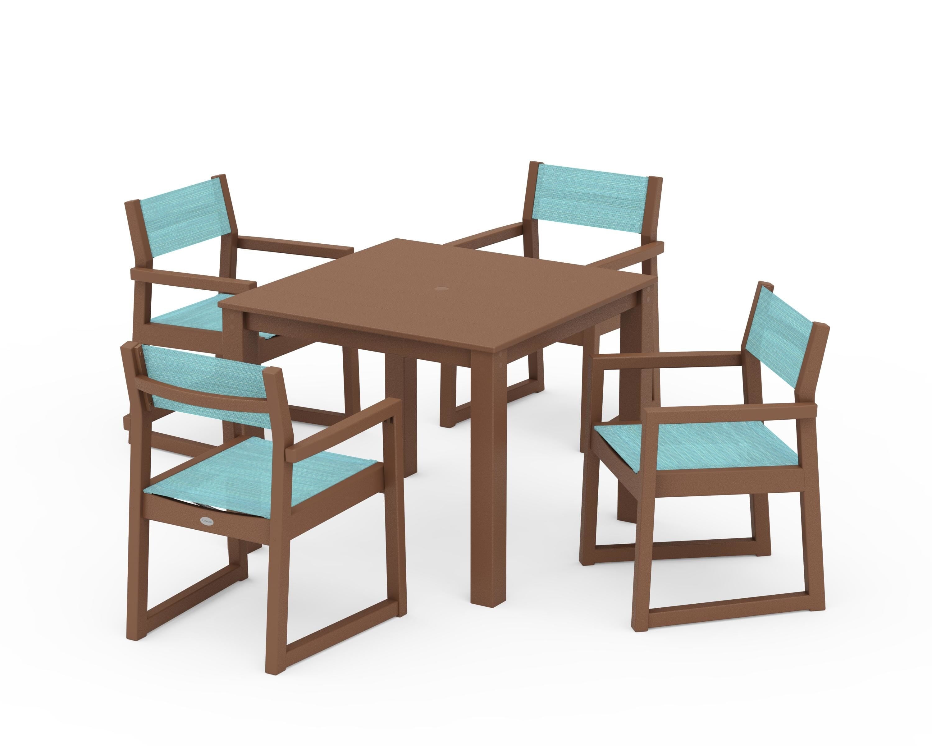 POLYWOOD® EDGE Sling Arm Chair 5-Piece Parsons Dining Set in Teak / Dupioni Aquamarine Sling