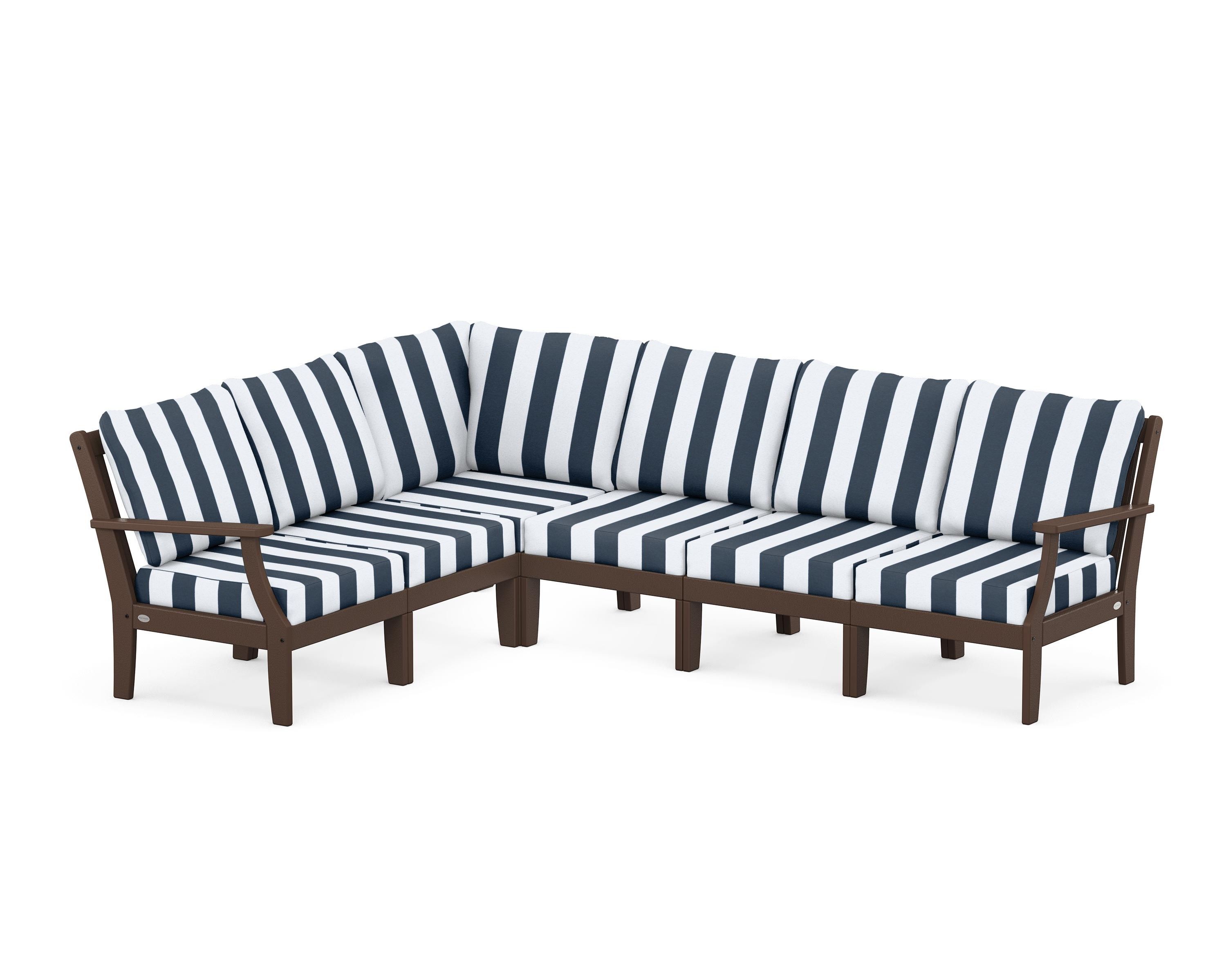 POLYWOOD® Braxton Modular 6-Piece Deep Seating Set in Mahogany / Cabana Stripe Marine Indigo