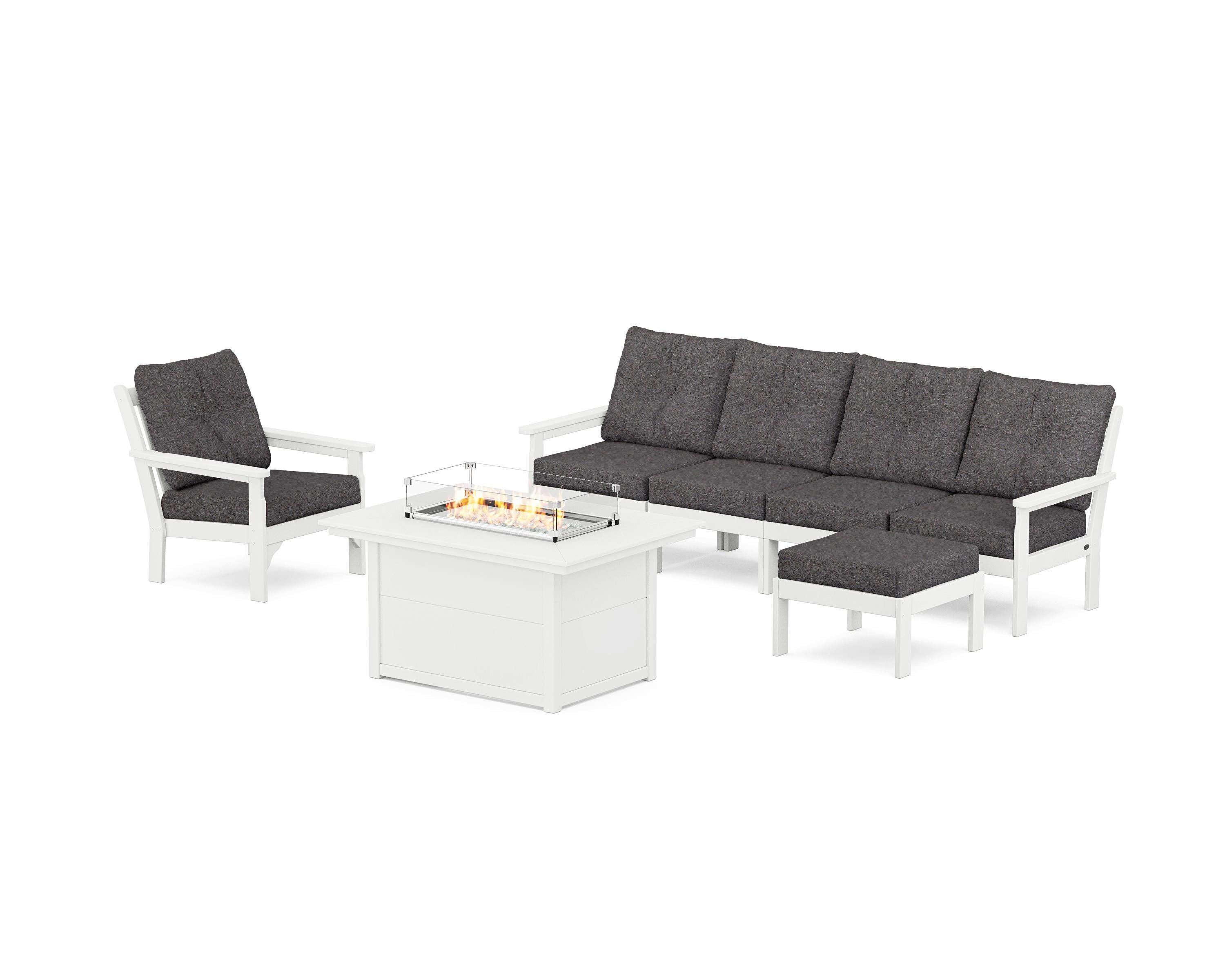 POLYWOOD® Vineyard Sectional Lounge and Fire Pit Set in White / Ash Charcoal