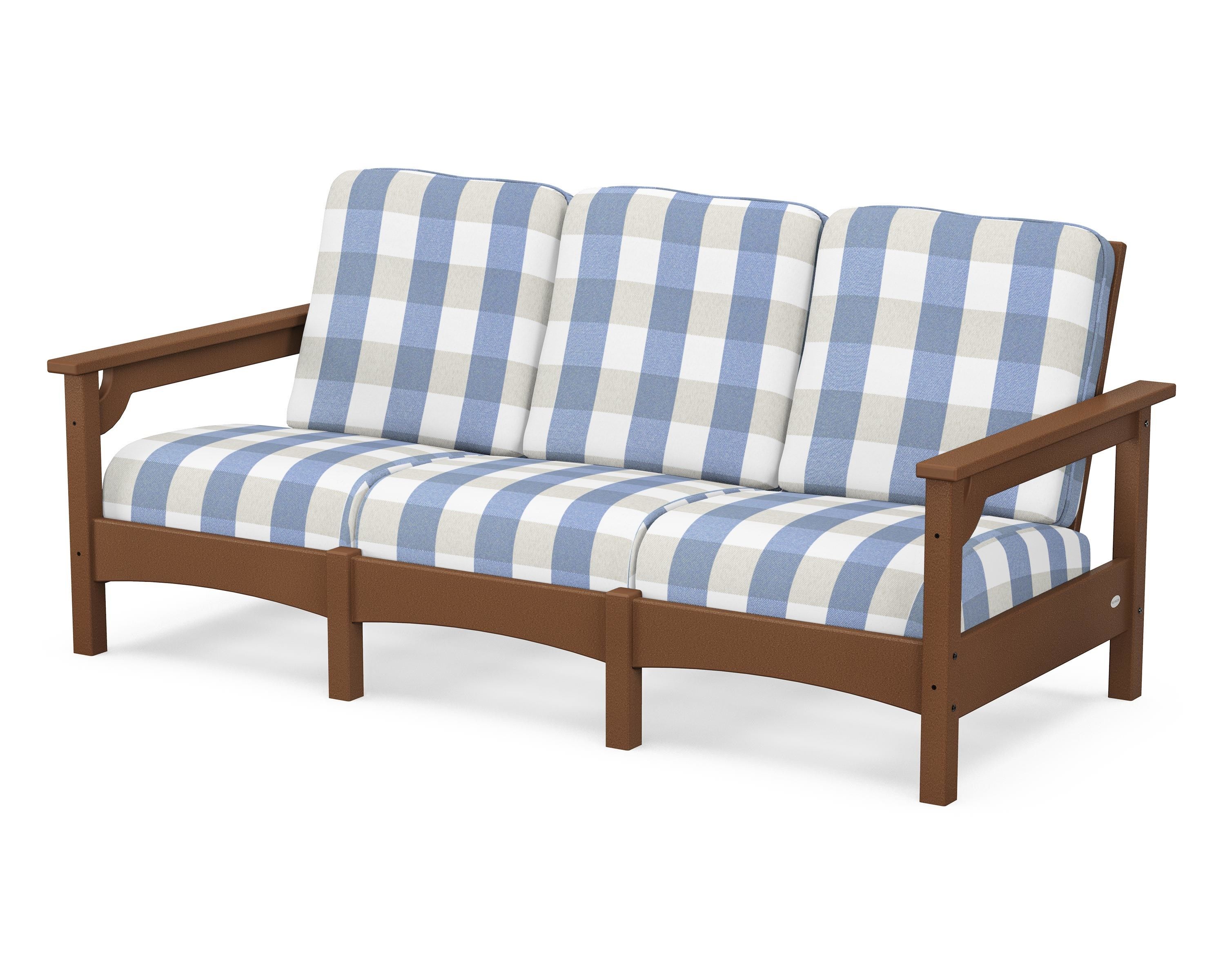 POLYWOOD® Club Sofa in Teak / Buffalo Plaid Sky Blue