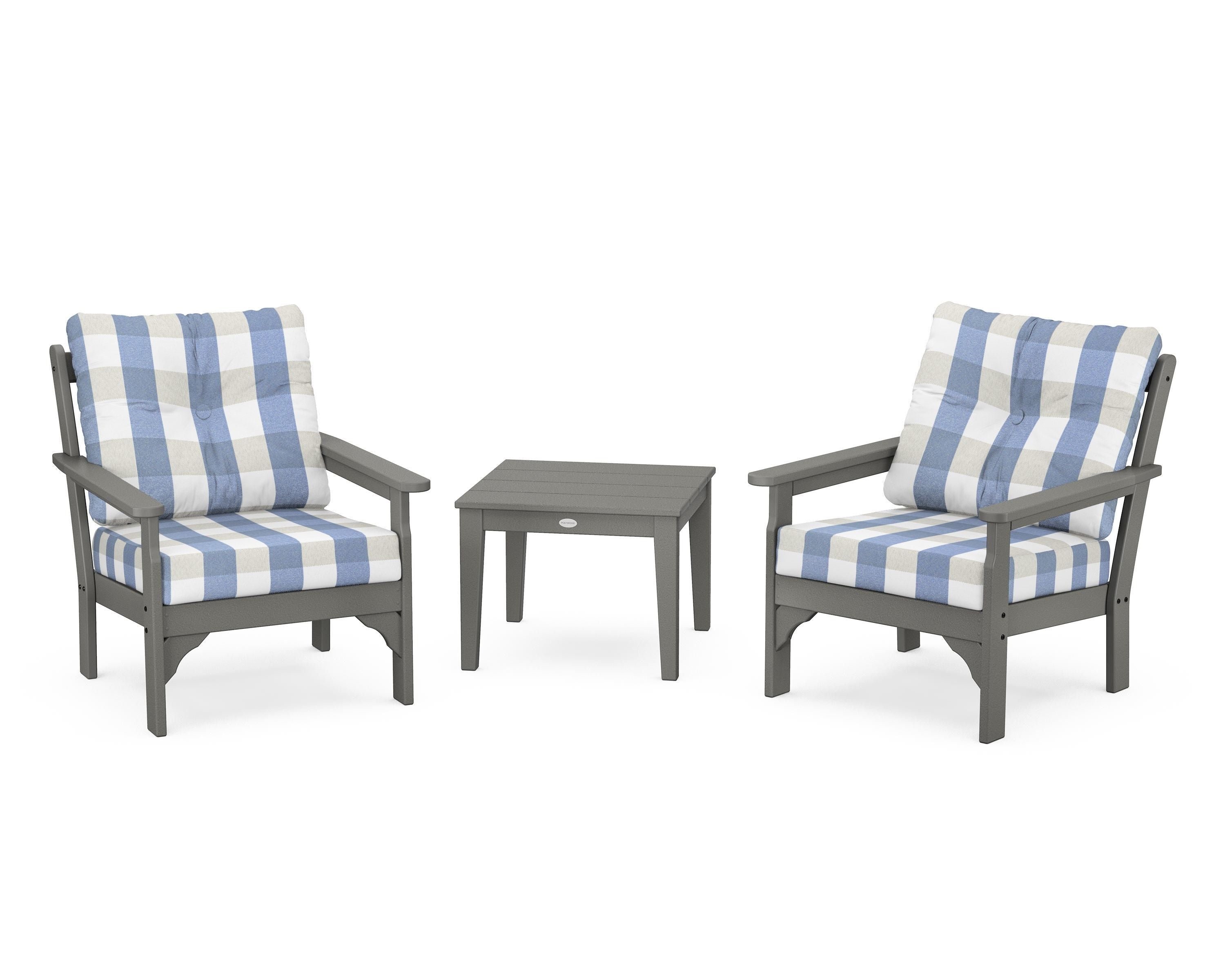 POLYWOOD® Vineyard 3-Piece Deep Seating Set in Slate Grey / Buffalo Plaid Sky Blue