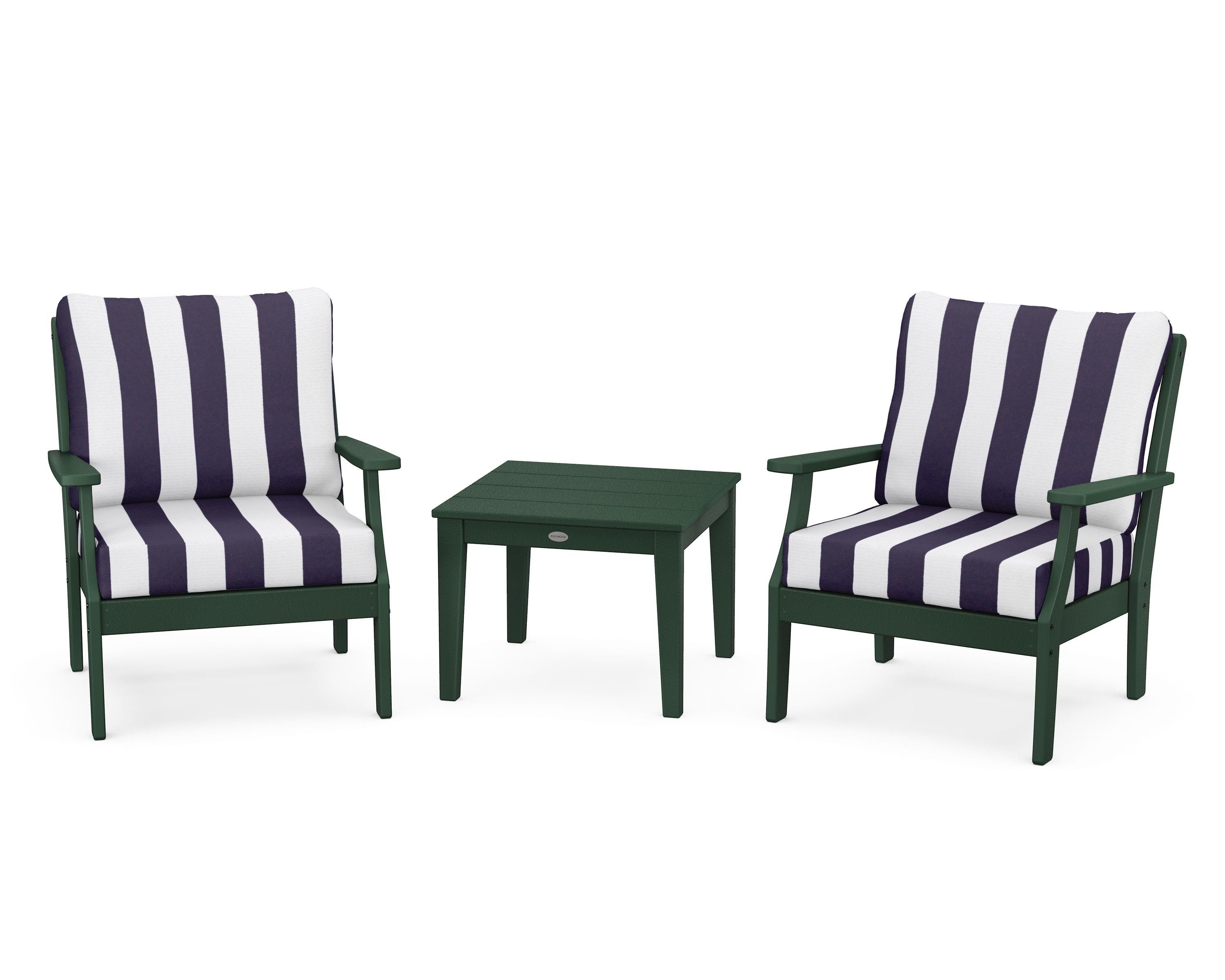 POLYWOOD® Braxton 3-Piece Deep Seating Set in Green / Cabana Stripe Navy