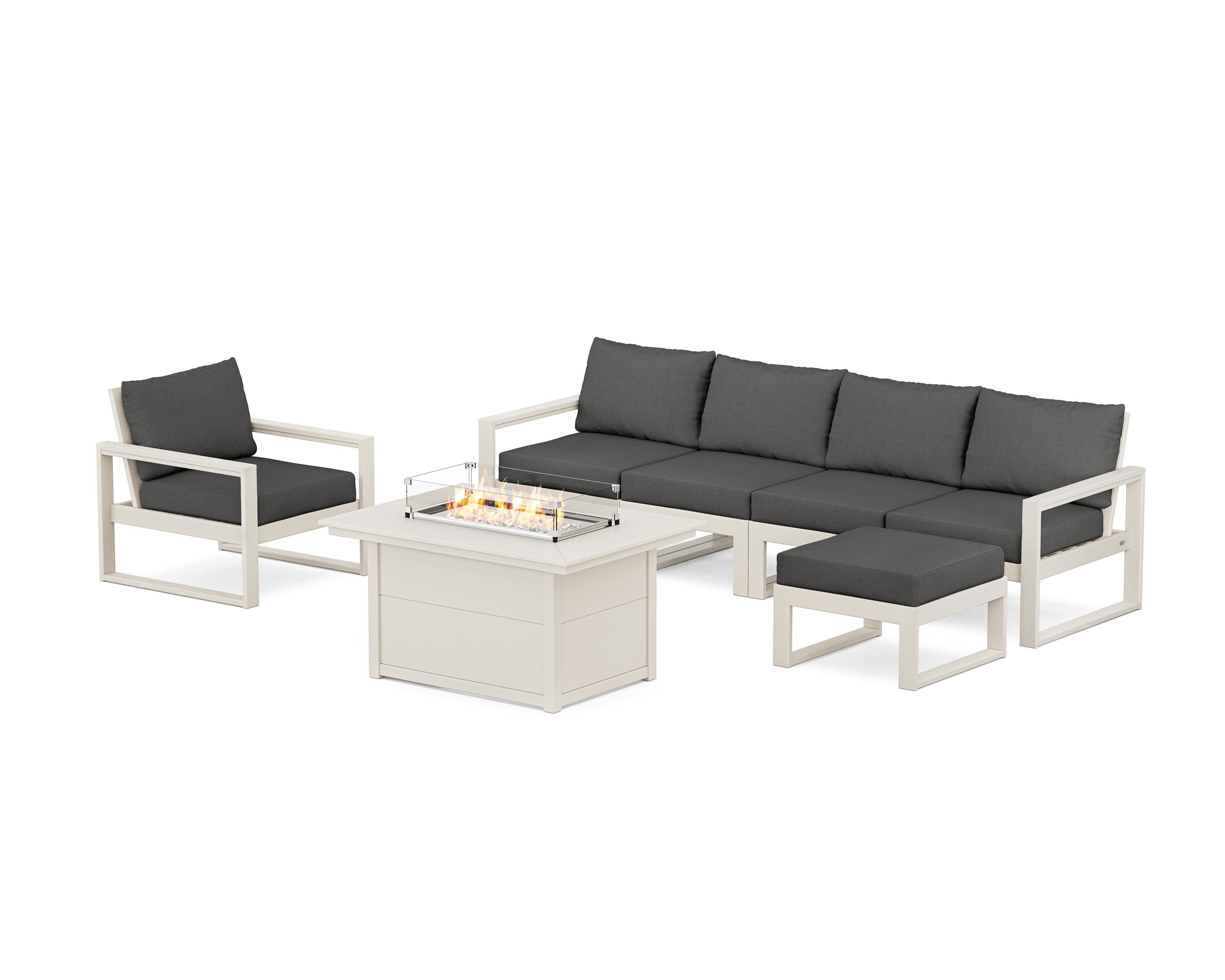 POLYWOOD® EDGE Sectional Lounge and Fire Pit Set in Sand / Spectrum Carbon