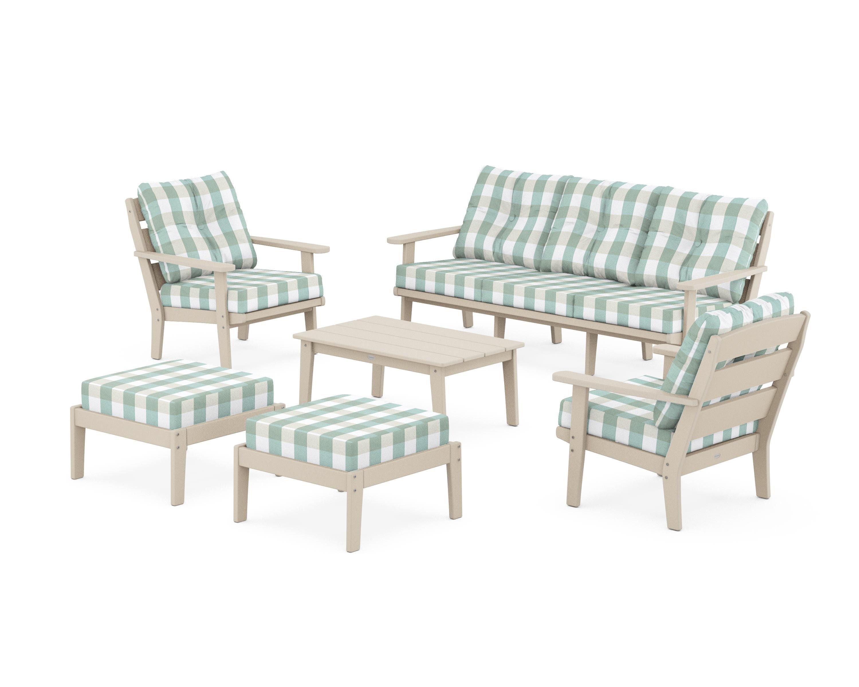 POLYWOOD® Lakeside 6-Piece Lounge Sofa Set in Sand / Buffalo Plaid Glacier Spa