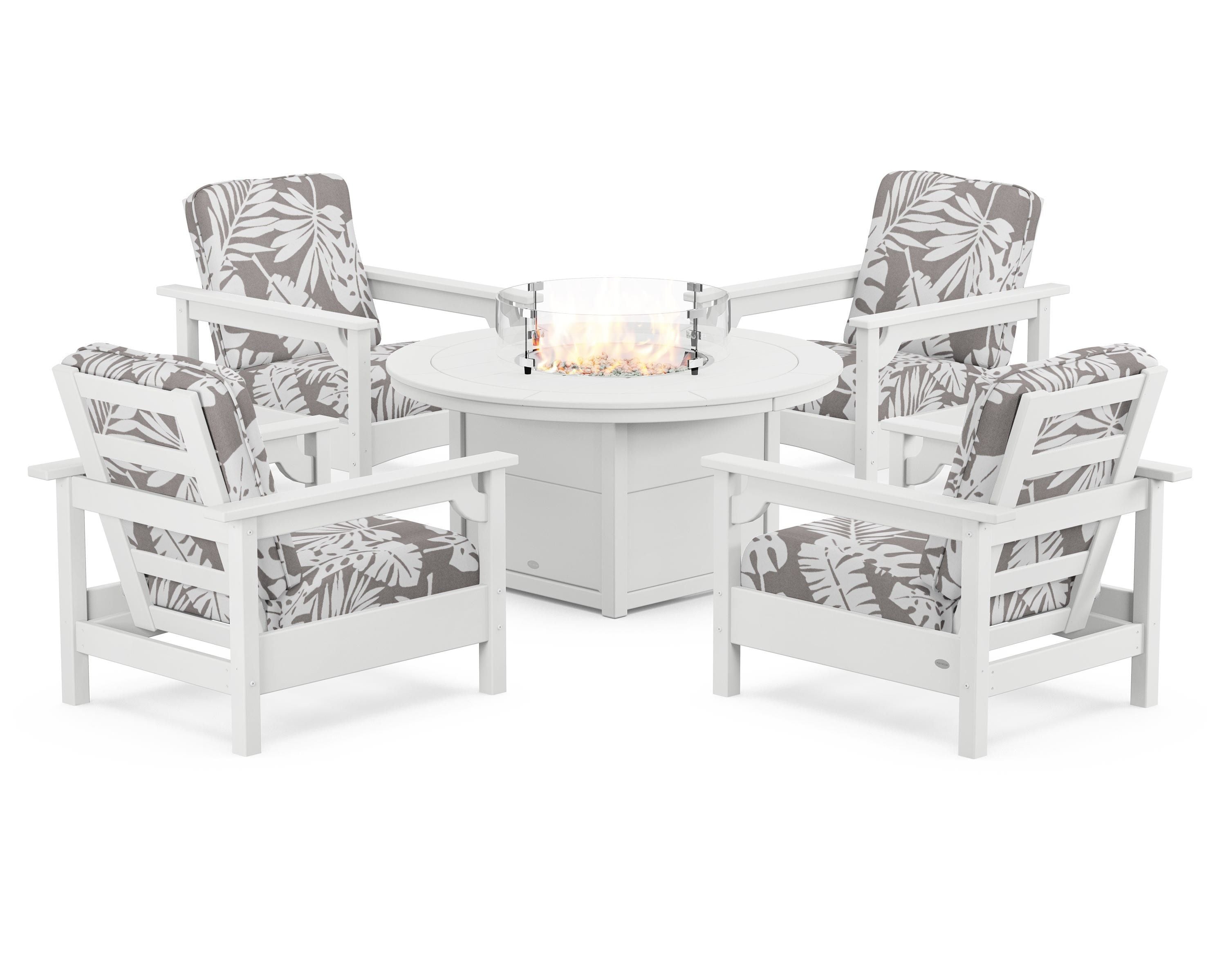 POLYWOOD® Club 5-Piece Conversation Set with Fire Pit Table in White / Leaf Grey Mist