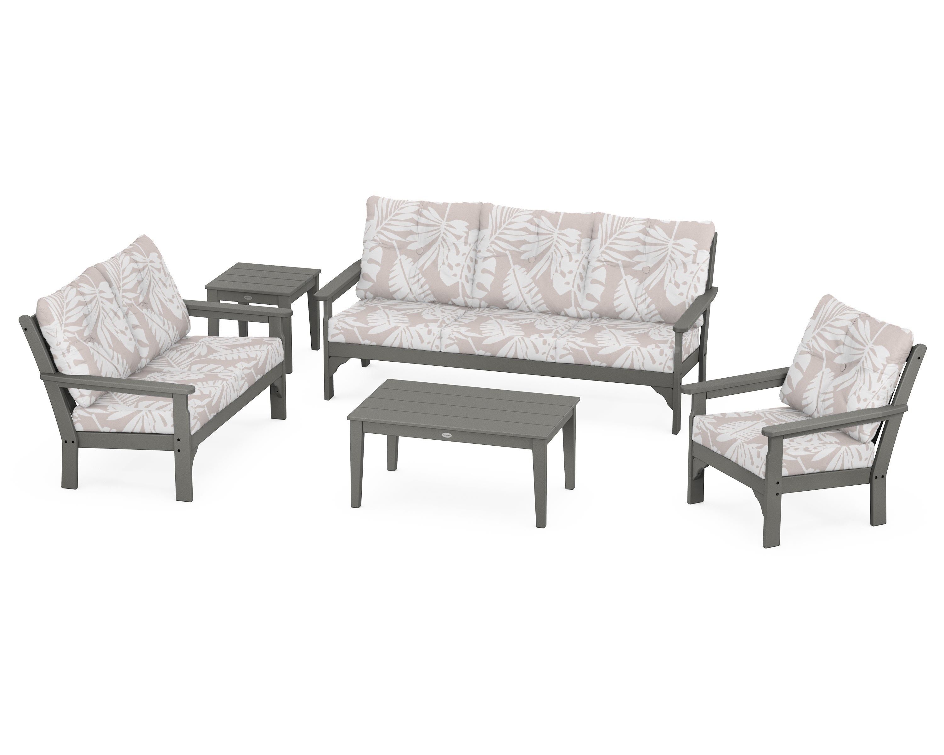 POLYWOOD® Vineyard 5 Piece Deep Seating Set in Slate Grey / Leaf Dune Burlap