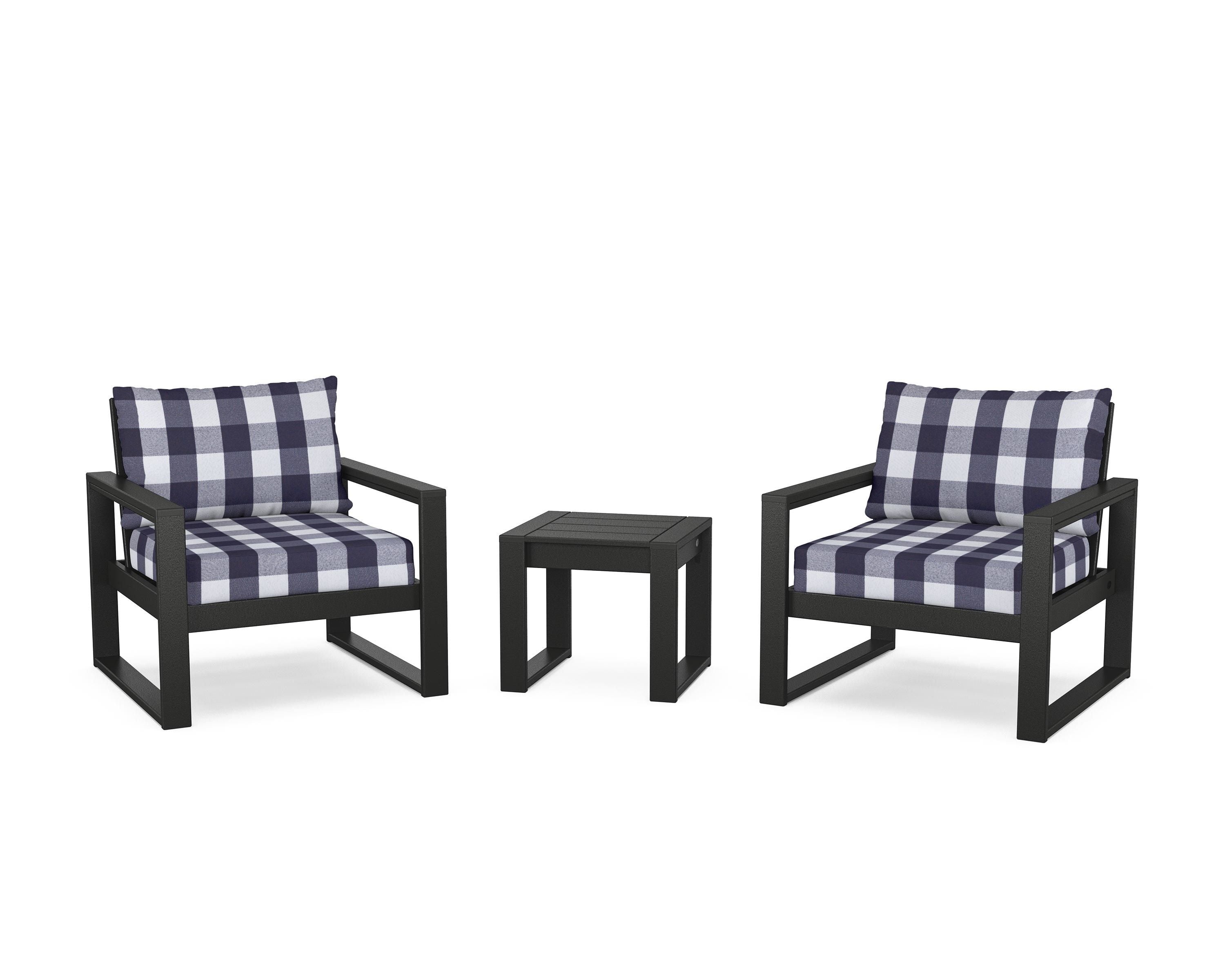 POLYWOOD® EDGE Sectional 3-Piece Deep Seating Set in Black / Buffalo Plaid Navy