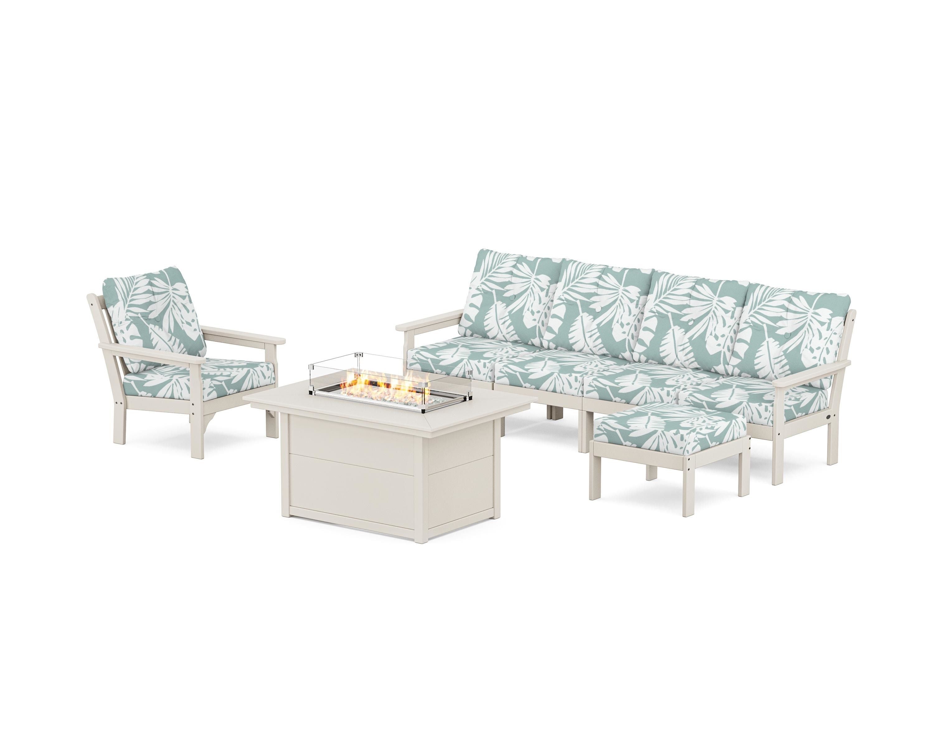 POLYWOOD® Vineyard Sectional Lounge and Fire Pit Set in Sand / Leaf Glacier Spa