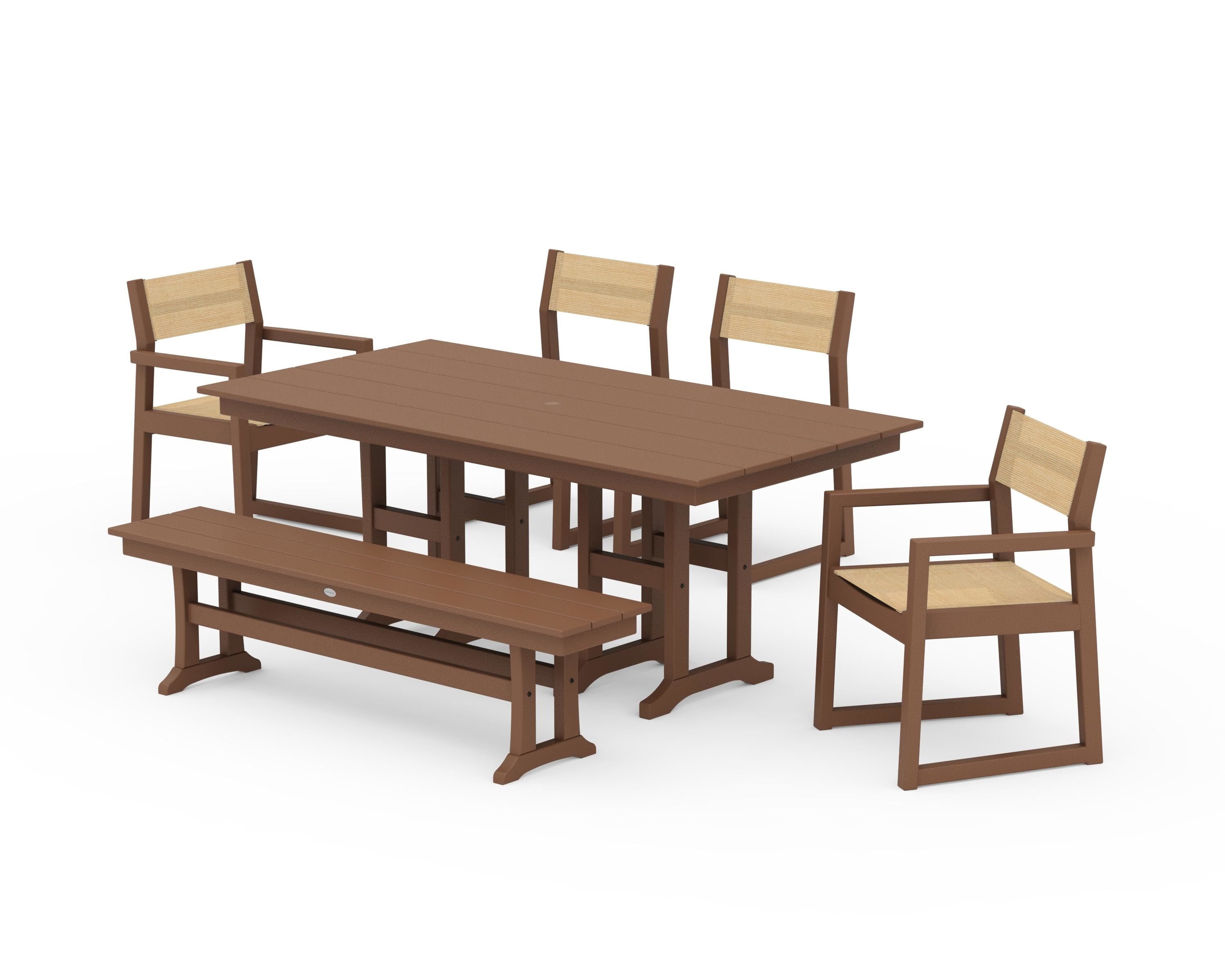 POLYWOOD® EDGE Sling 6-Piece Farmhouse Dining Set in Teak / Dupioni Apricot Sling