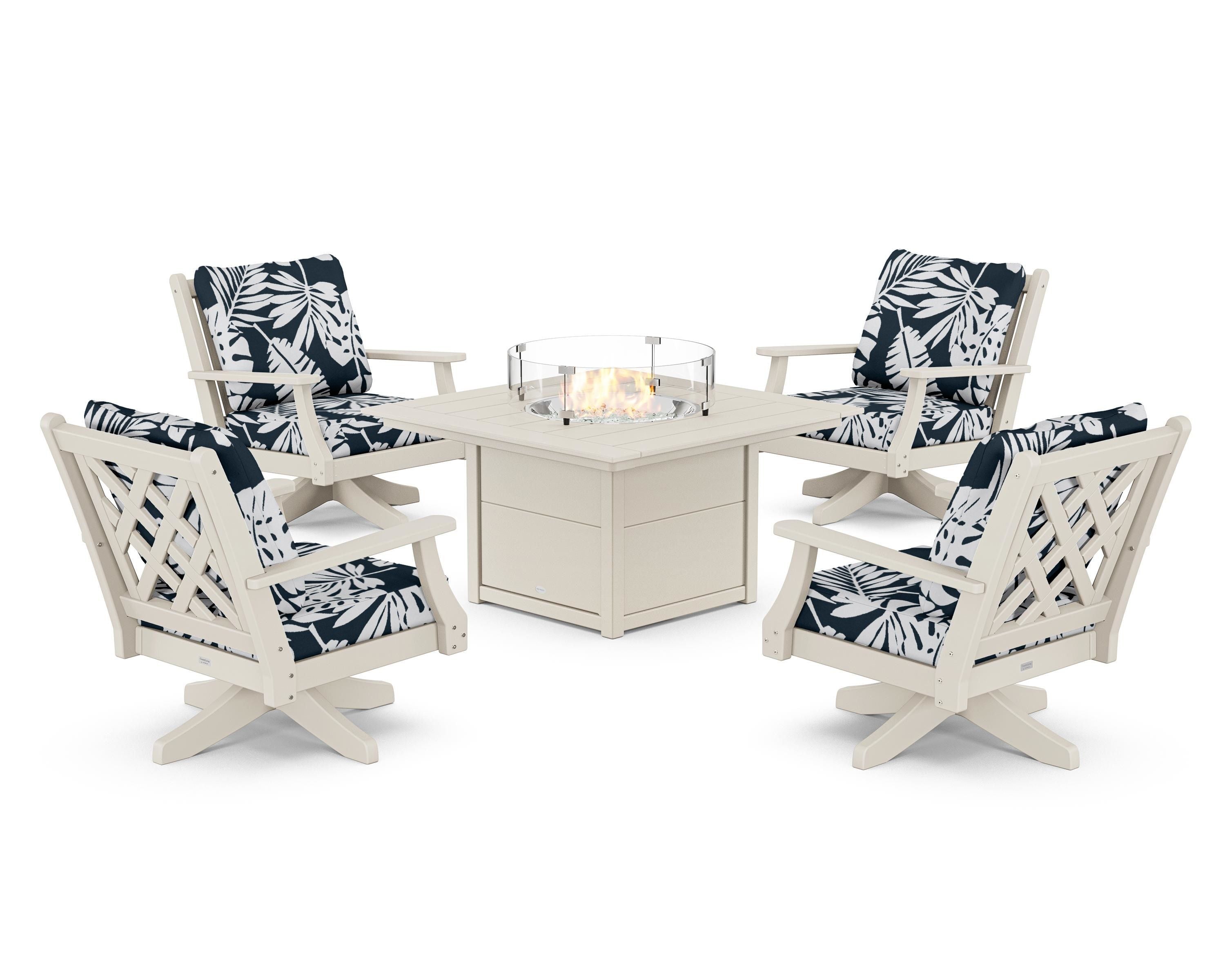Country Living Wovendale 5-Piece Deep Seating Swivel Conversation Set with Fire Pit Table in Sand / Leaf Marine Indigo
