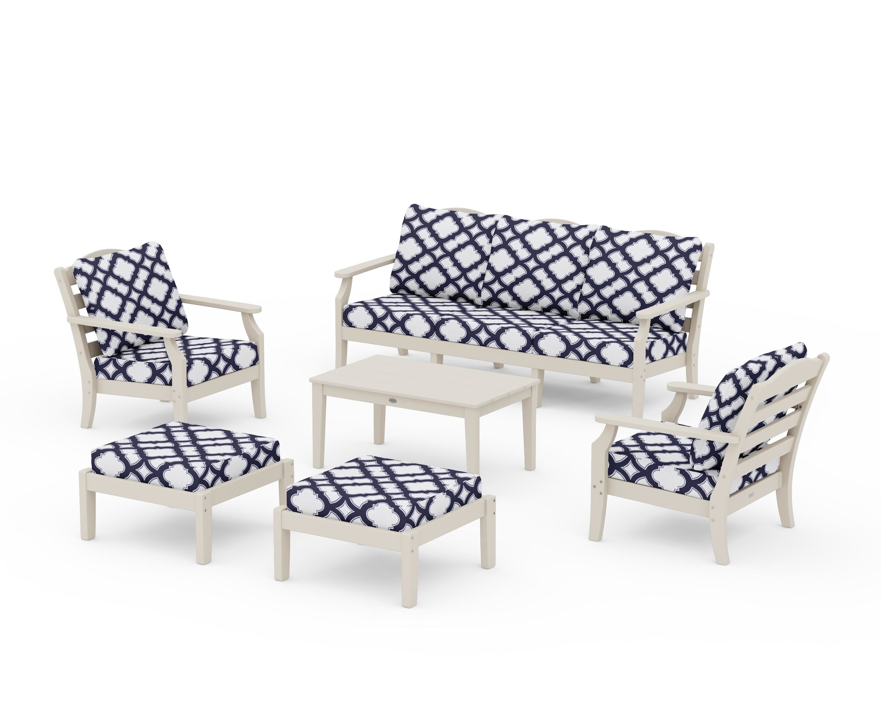 Draper James™ by POLYWOOD® Savannah 6-Piece Lounge Sofa Set in Sand / Trellis Navy
