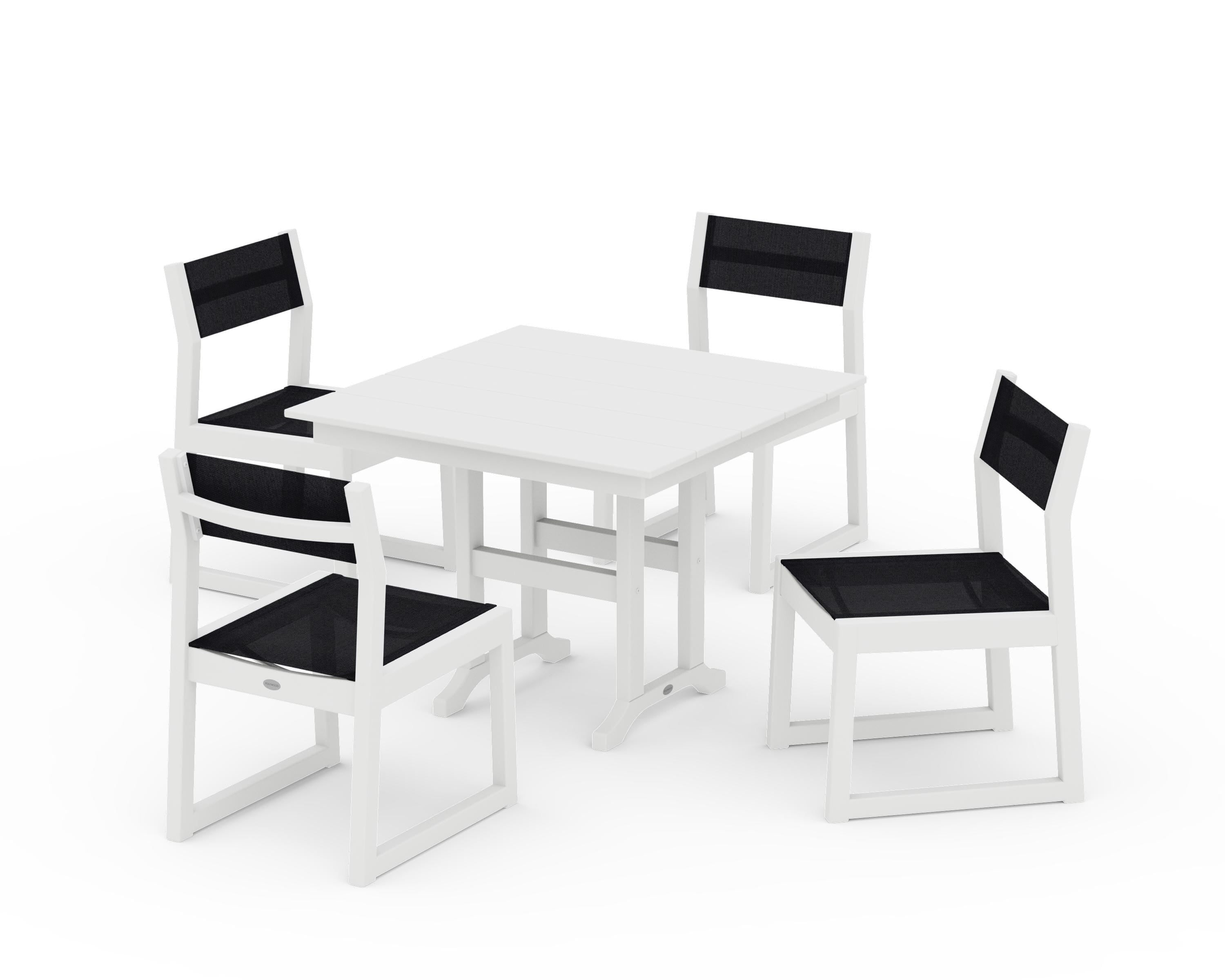 POLYWOOD® EDGE Sling Side Chair 5-Piece Farmhouse Dining Set in White / Black Sling