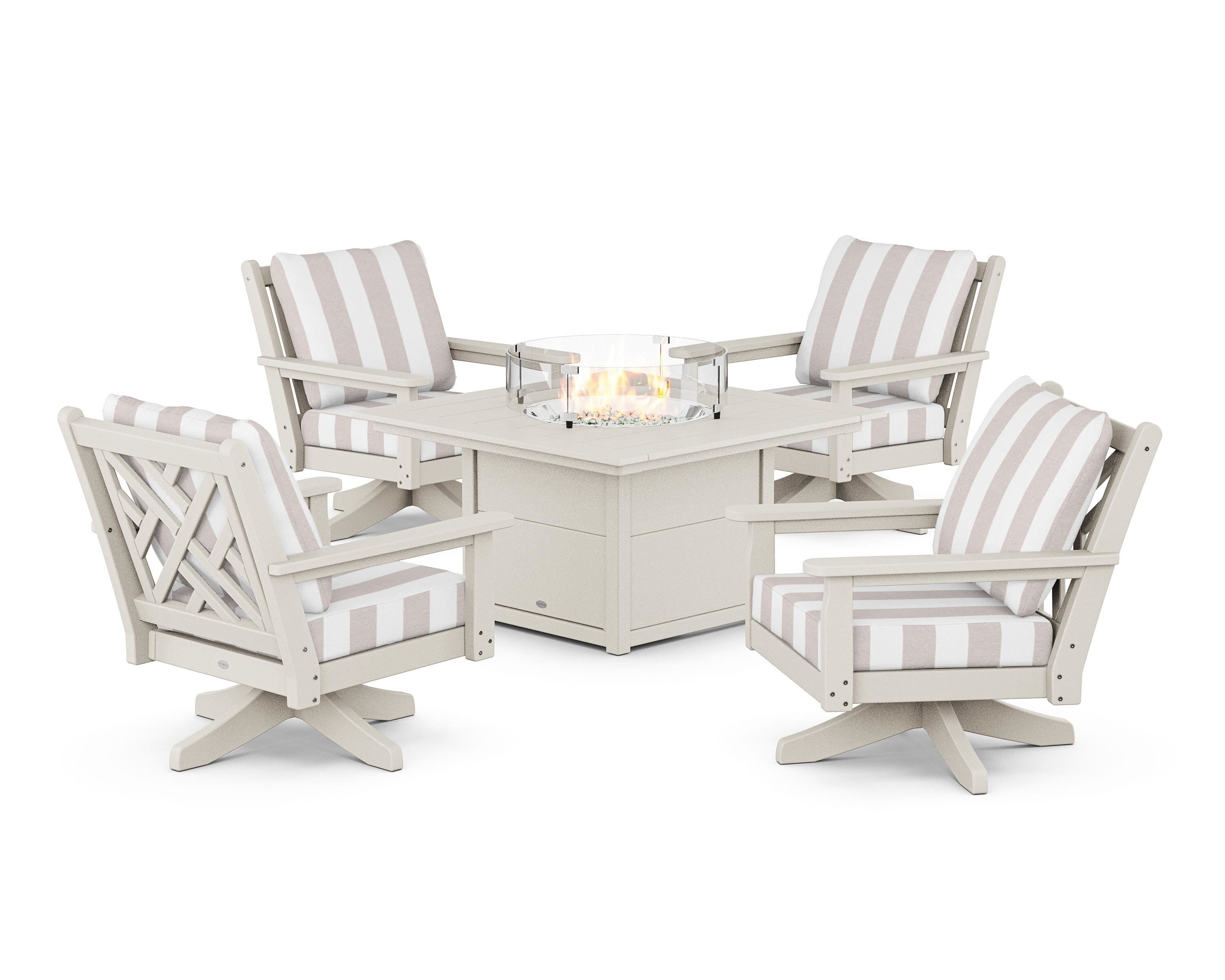 POLYWOOD® Chippendale 5-Piece Deep Seating Swivel Conversation Set with Fire Pit Table in Sand / Cabana Stripe Dune Burlap