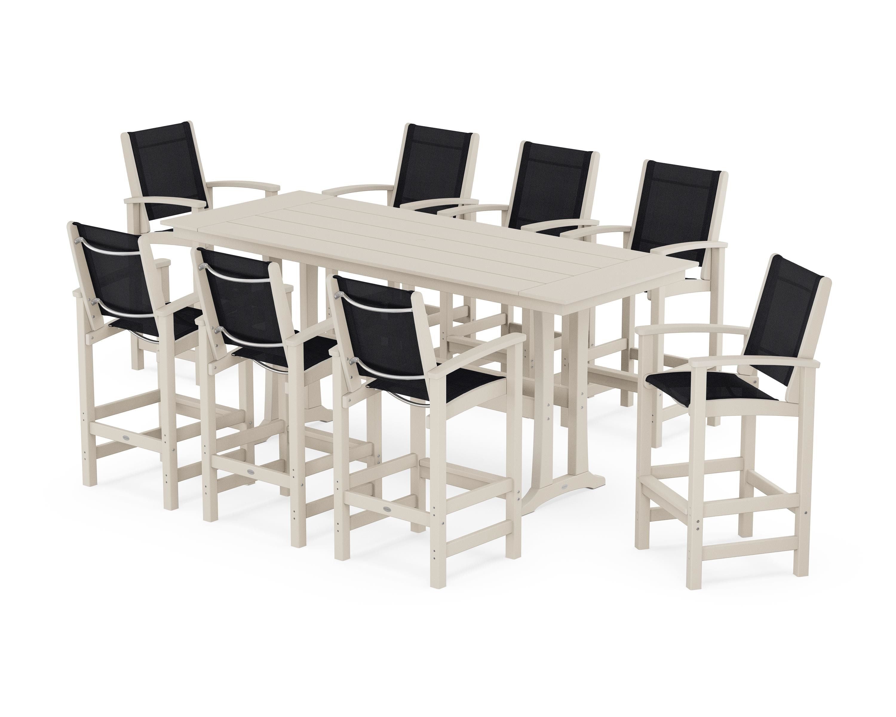 POLYWOOD® Coastal 9-Piece Farmhouse Bar Set with Trestle Legs in Sand / Black Sling