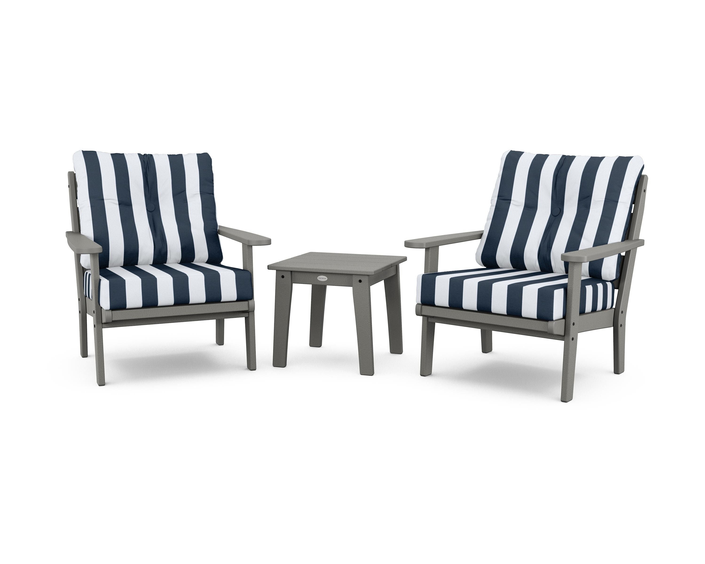 POLYWOOD® Lakeside 3-Piece Deep Seating Chair Set in Slate Grey / Cabana Stripe Marine Indigo