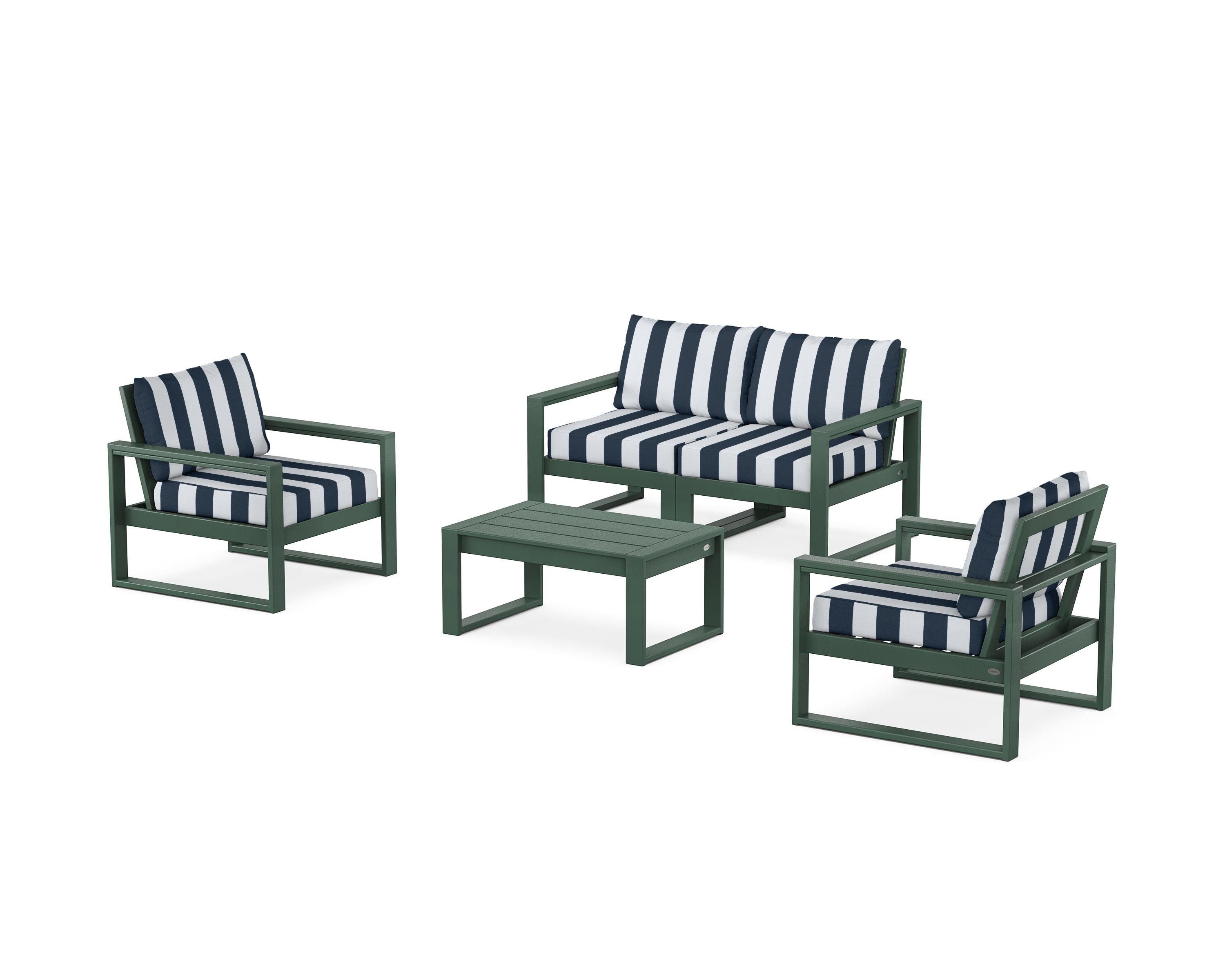 POLYWOOD® EDGE Sectional 4-Piece Deep Seating Set with Loveseat in Green / Cabana Stripe Marine Indigo