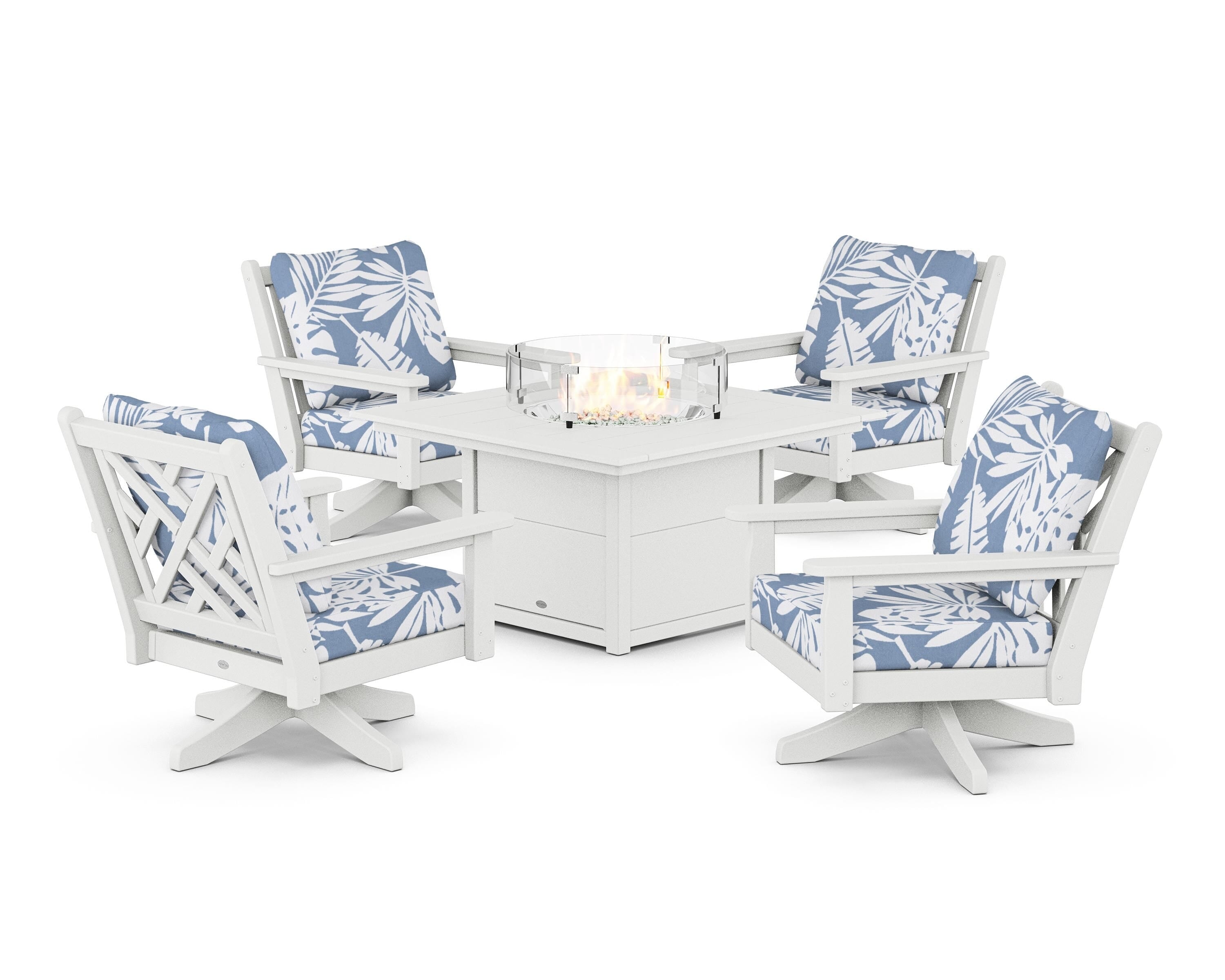 POLYWOOD® Chippendale 5-Piece Deep Seating Swivel Conversation Set with Fire Pit Table in White / Leaf Sky Blue