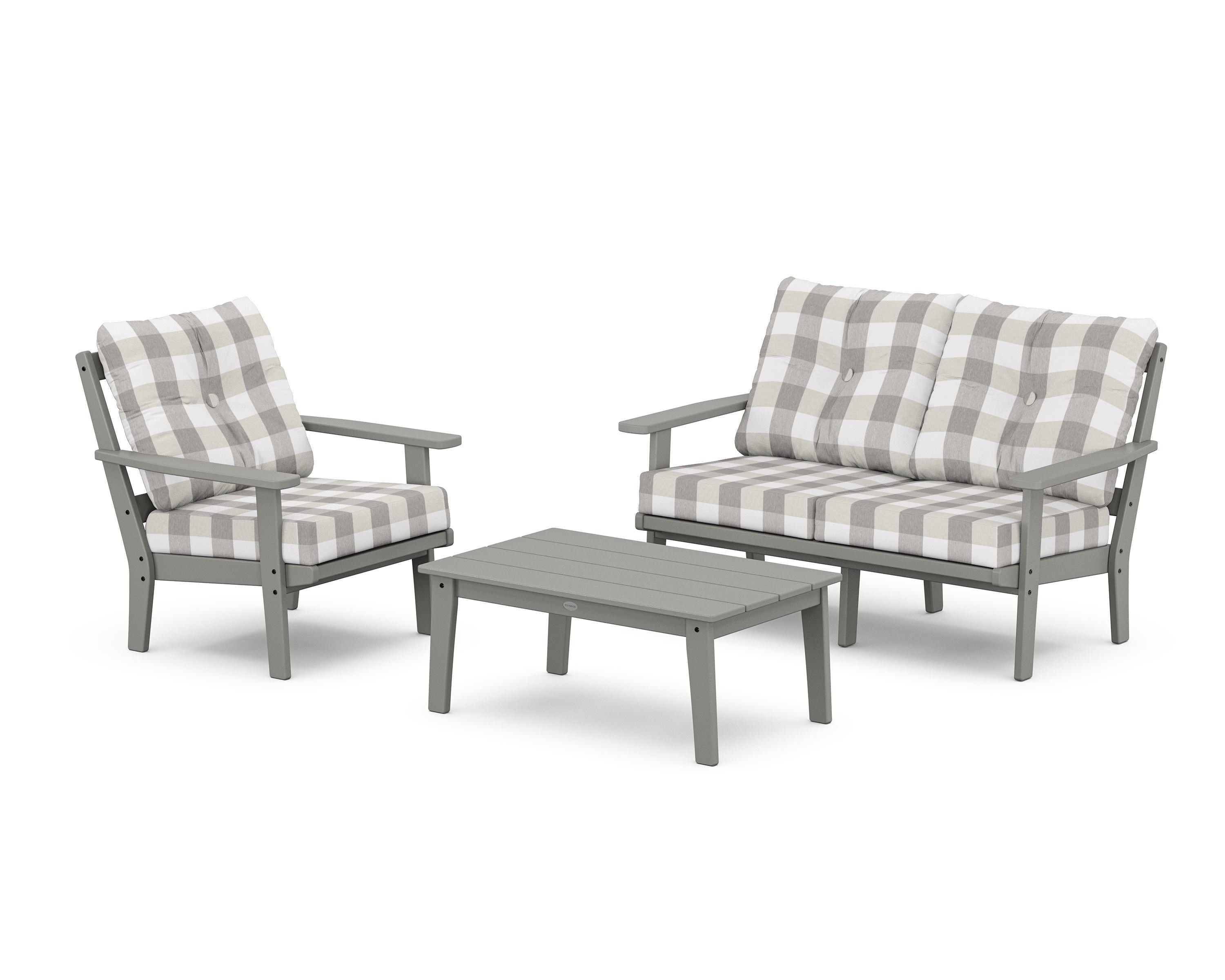 POLYWOOD® Prairie 3-Piece Deep Seating Set with Loveseat in Slate Grey / Buffalo Plaid Grey Mist