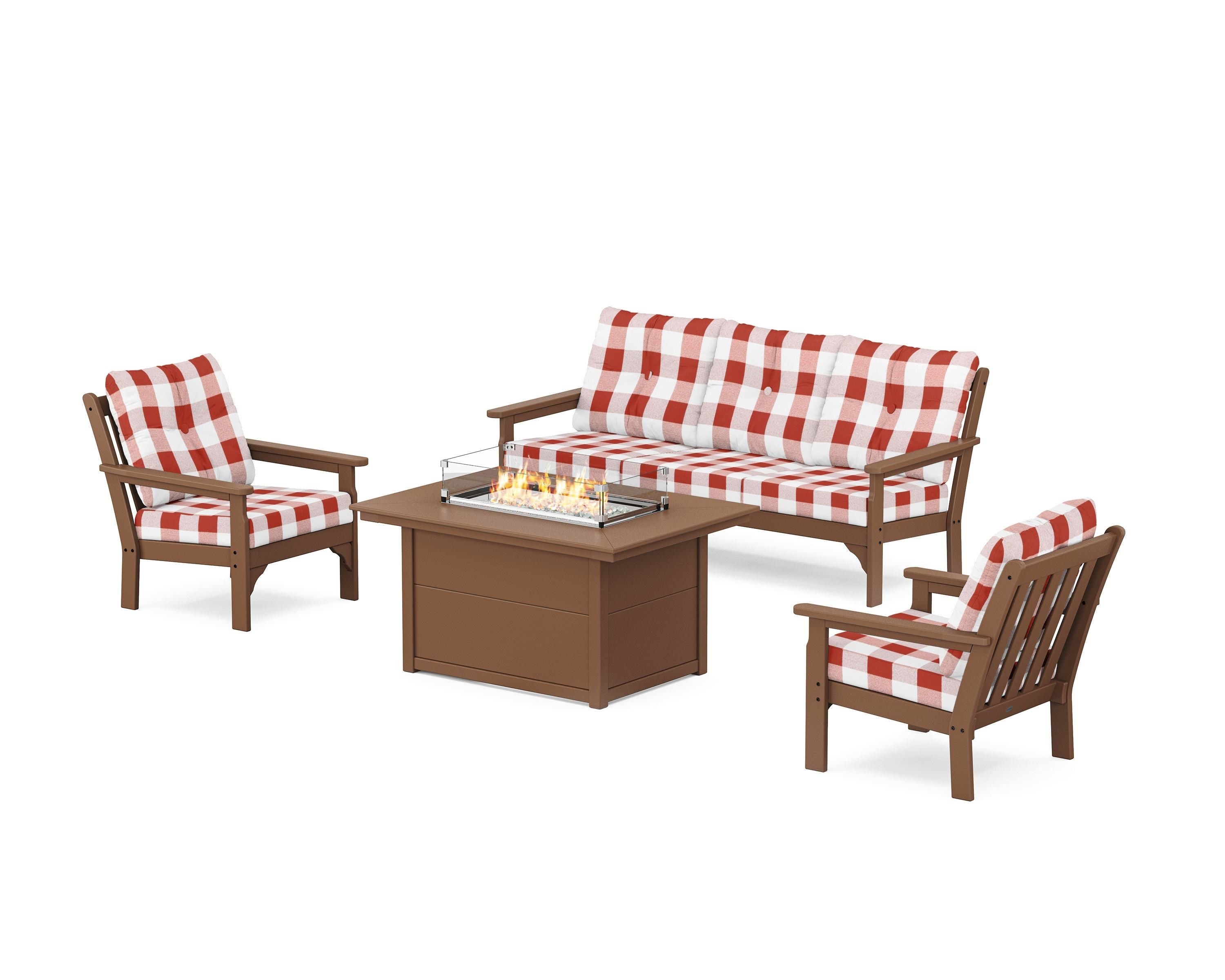 POLYWOOD® Vineyard Deep Seating Fire Pit Table Set in Teak / Buffalo Plaid Crimson
