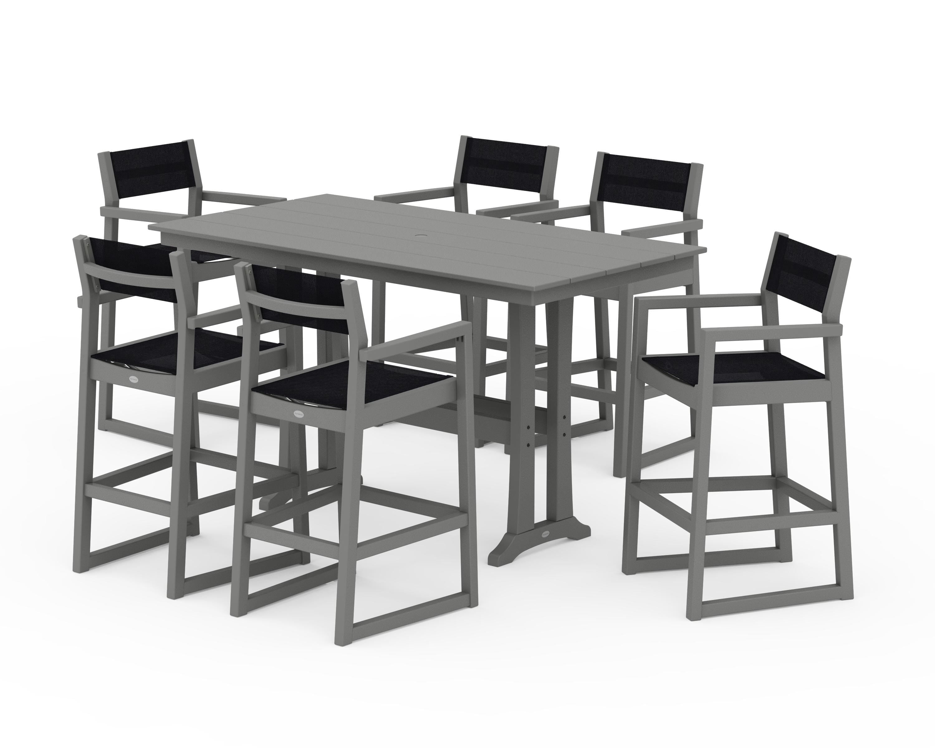 POLYWOOD® EDGE Sling Arm Chair 7-Piece Farmhouse Bar Set with Trestle Legs in Slate Grey / Black Sling