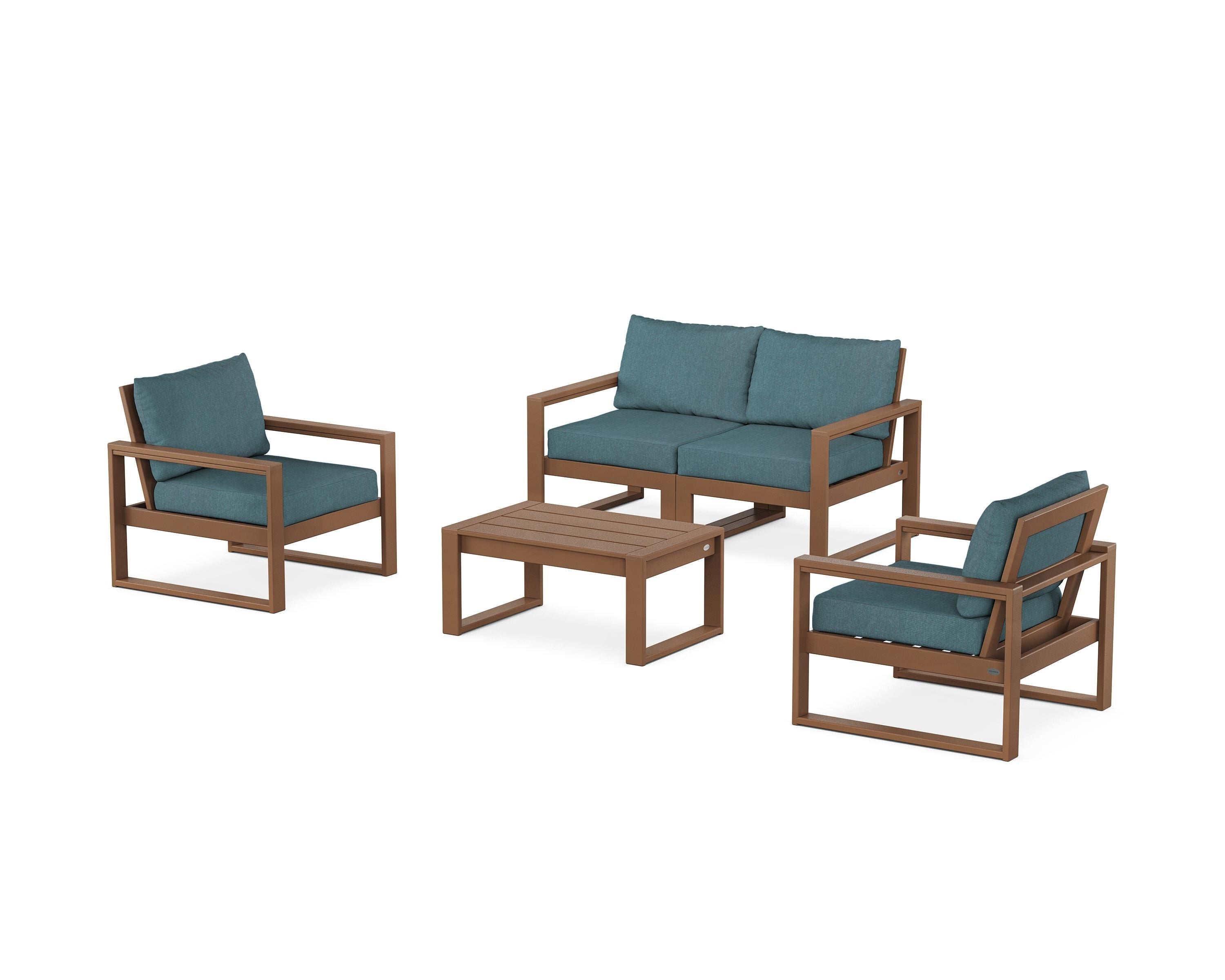 POLYWOOD® EDGE Sectional 4-Piece Deep Seating Set with Loveseat in Teak / Ocean Teal