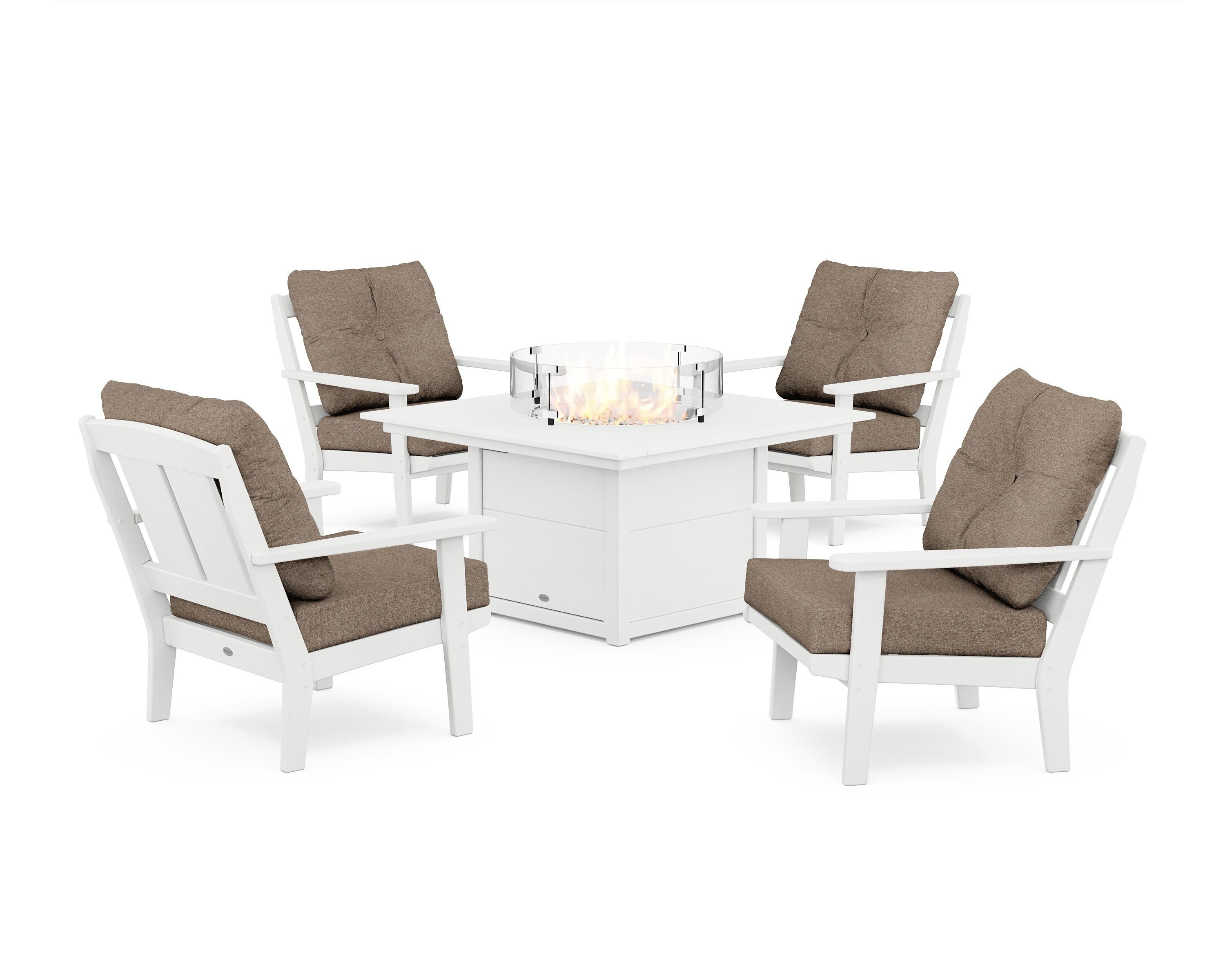 POLYWOOD® Mission 5-Piece Deep Seating Set with Fire Pit Table in White / Spiced Burlap